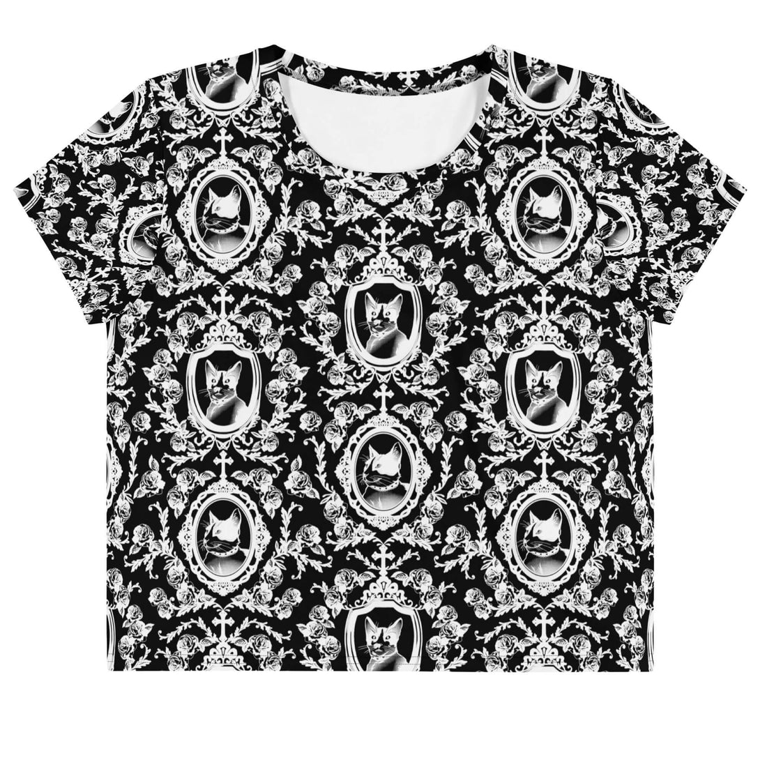 Elegant Queen's Beloved Kitty Crop Top featuring black-and-white motifs, perfect for stylish outfits.