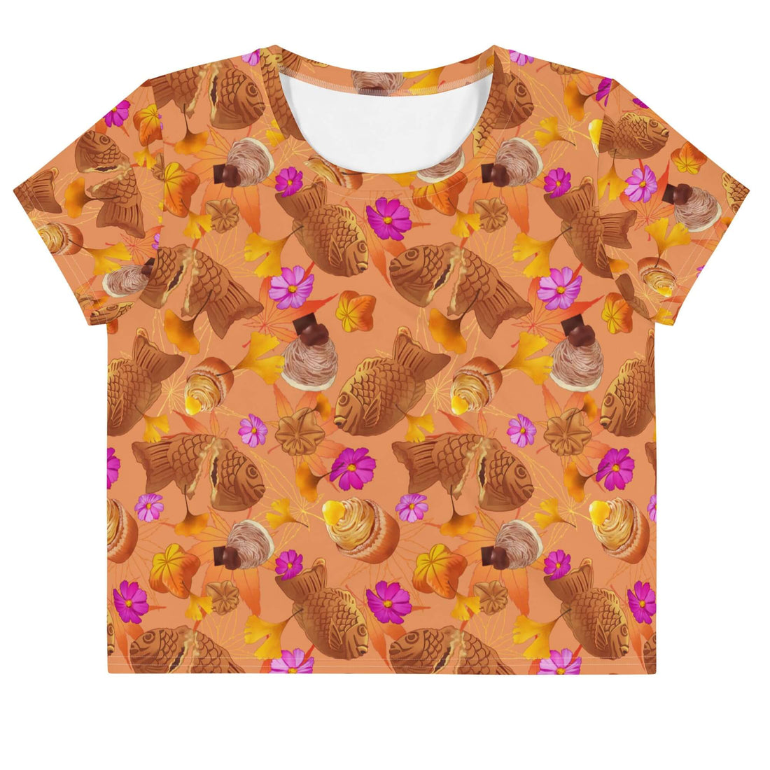 Stylish Momiji Crop Top in warm tones with pink accents, perfect for fall outfits and everyday wear.