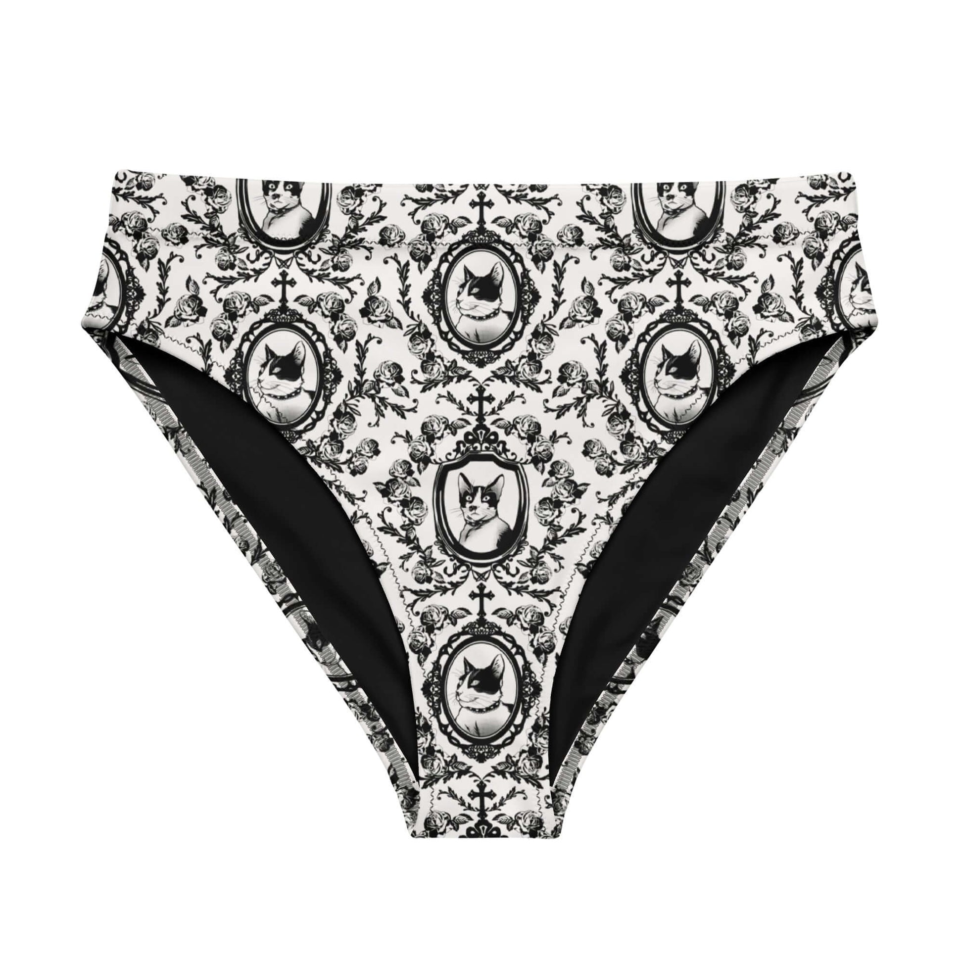 Stylish Queen's Beloved Kitty High-waisted Bikini Bottom in elegant print, perfect for beach days and lounging.