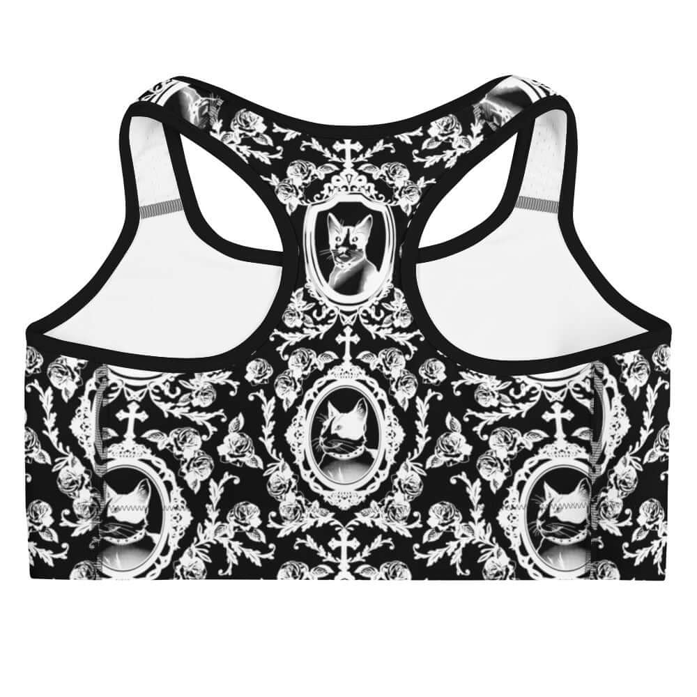 Stylish Queen's Beloved Kitty Sports bra features a unique cat design, perfect for workouts at your favorite gym.