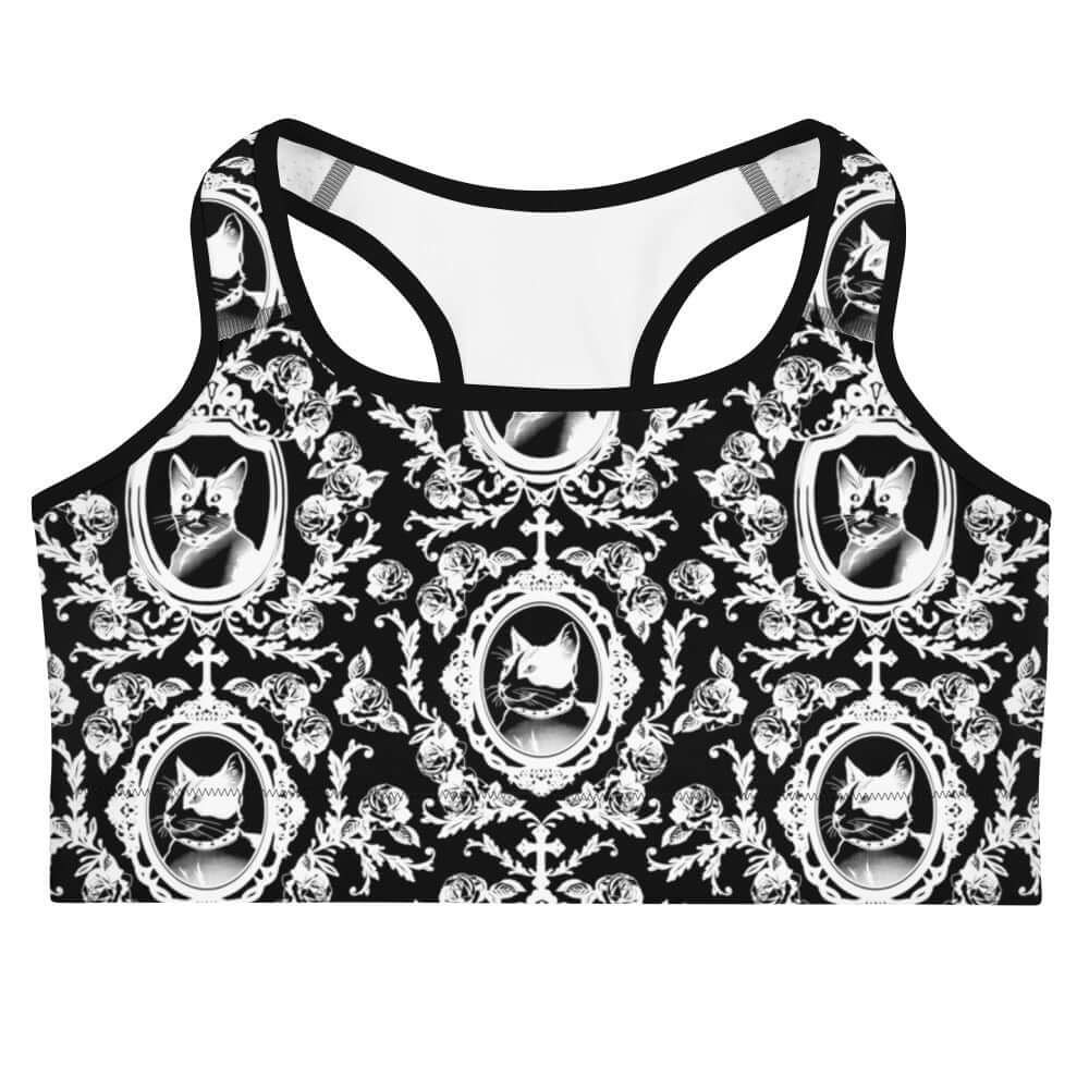 Stylish Queen's Beloved Kitty Sports bra features a chic cat print, perfect for workouts and looking fabulous.