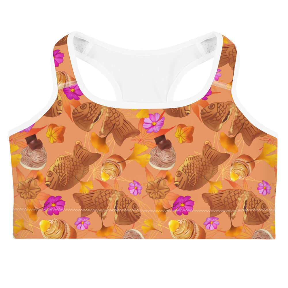 Stylish Momiji Sports bra featuring fall-themed patterns, perfect for workouts and seasonal vibes.