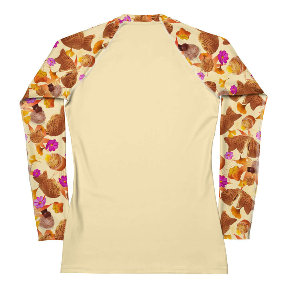 Versatile Momiji Rash Guard with fall-themed design, perfect for active gym sessions and stylish comfort.