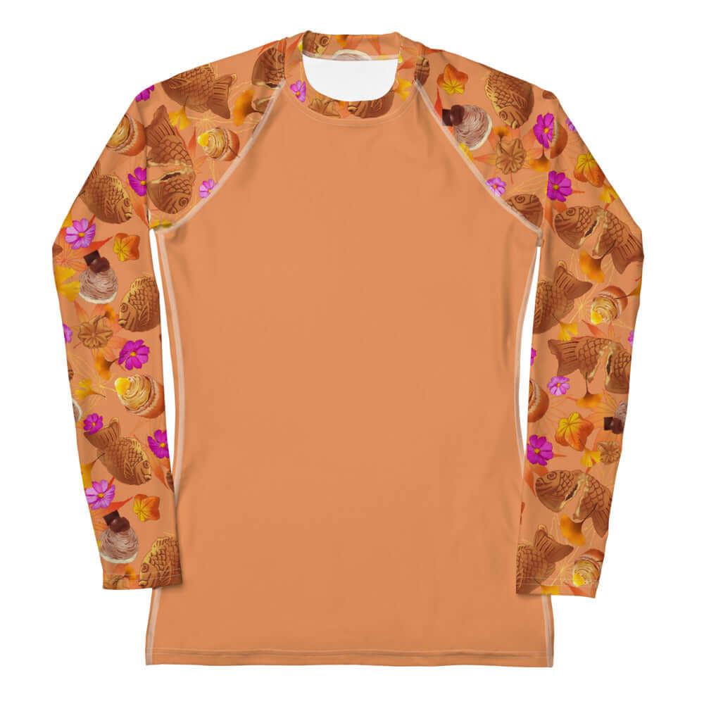 Momiji Rash Guard features a vibrant fall-themed design, perfect for active women on the go.