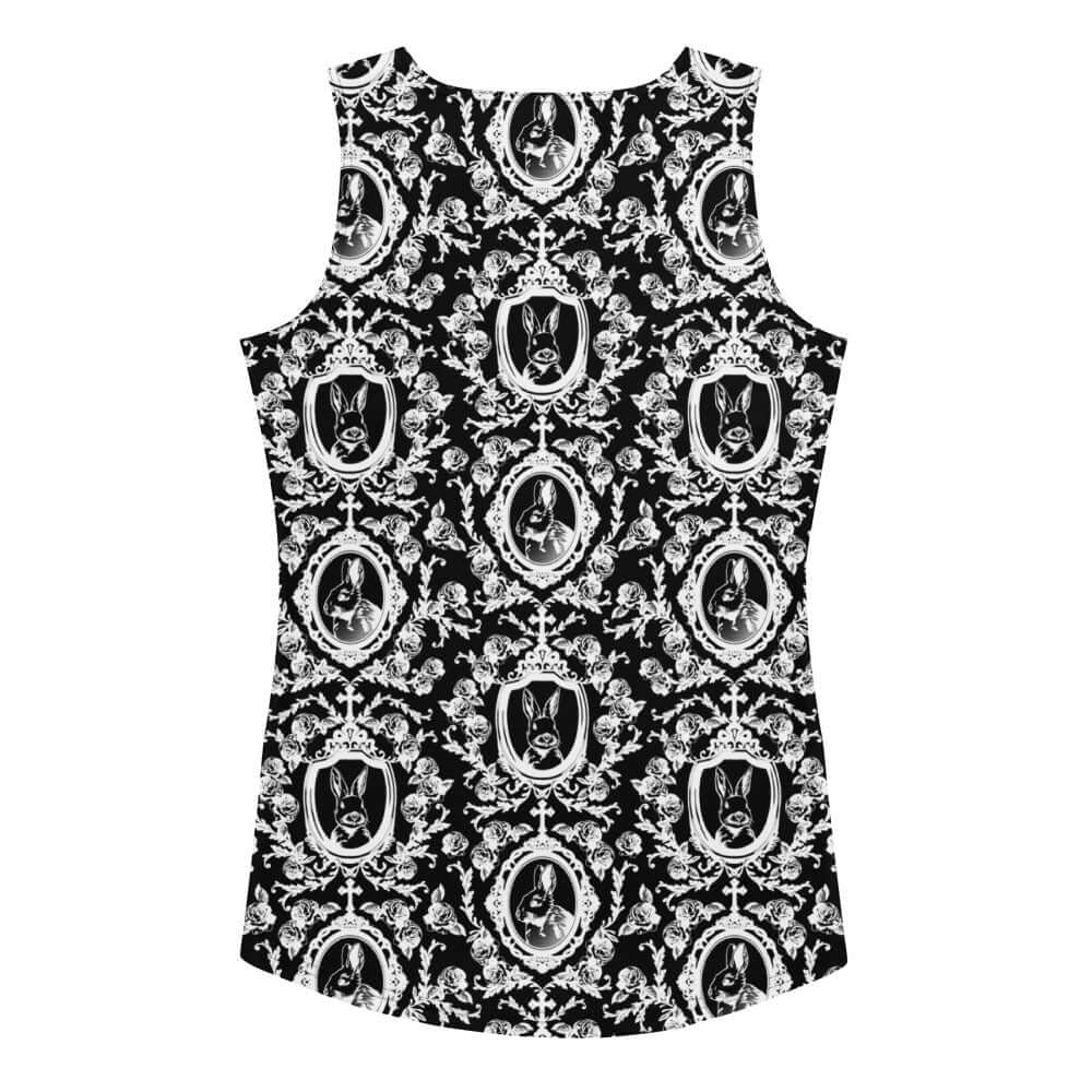 Stylish Queen's Beloved Bunny Tank Top featuring a unique black and white bunny pattern for a regal casual look.