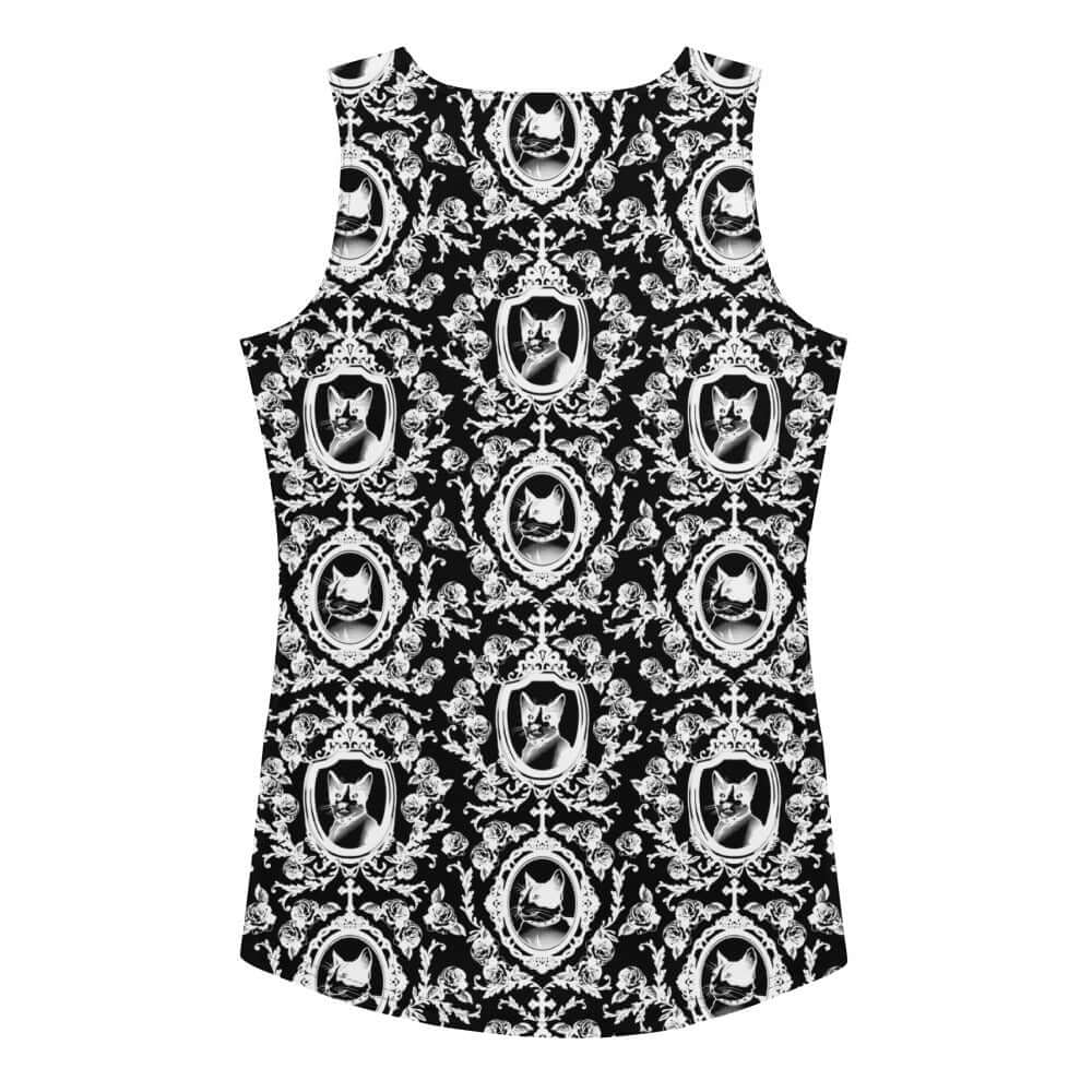 The Queen's Beloved Kitty Tank Top features a stylish black and white cat pattern, perfect for regal casual wear.