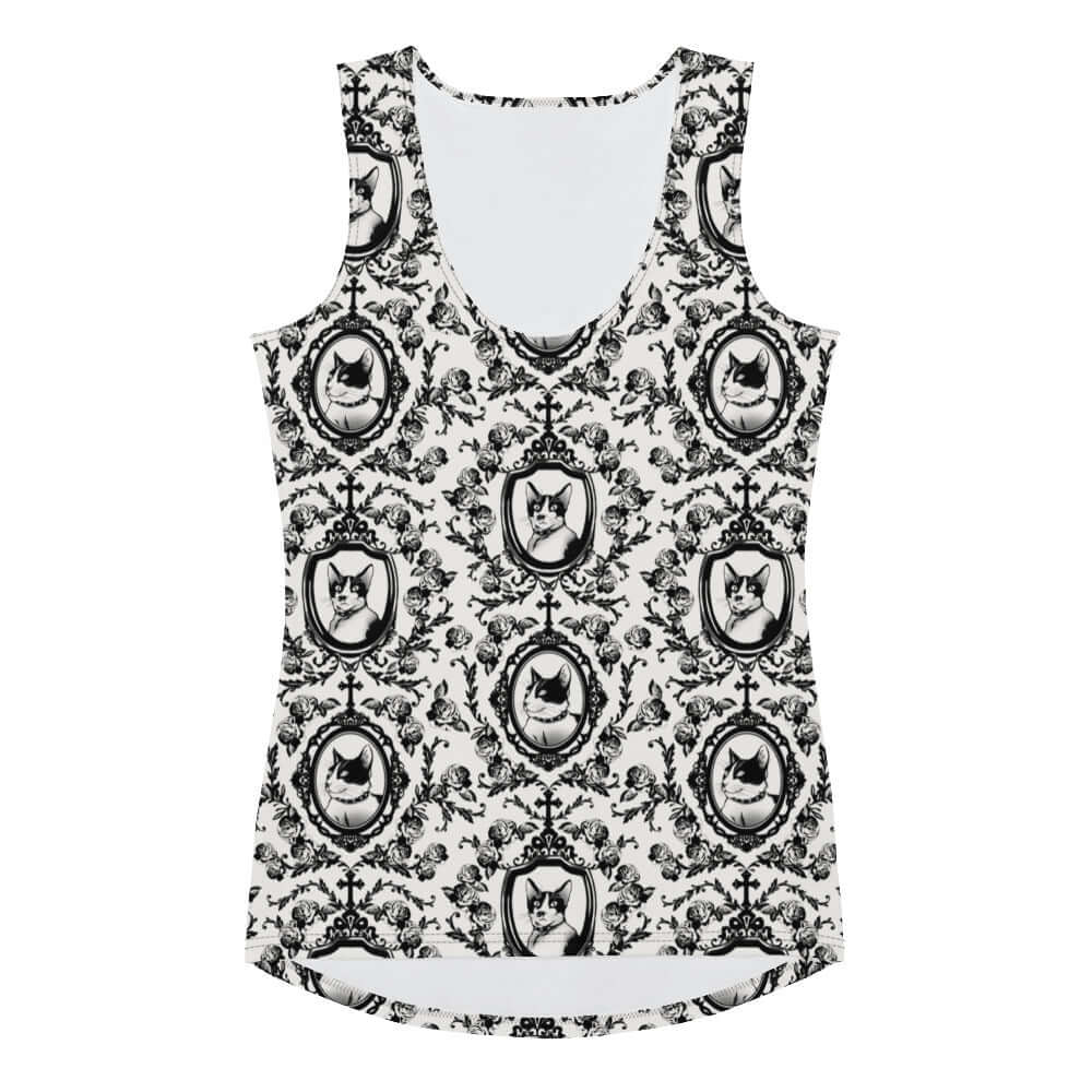 Stylish Queen's Beloved Kitty Tank Top features a chic cat print, perfect for year-round casual elegance.