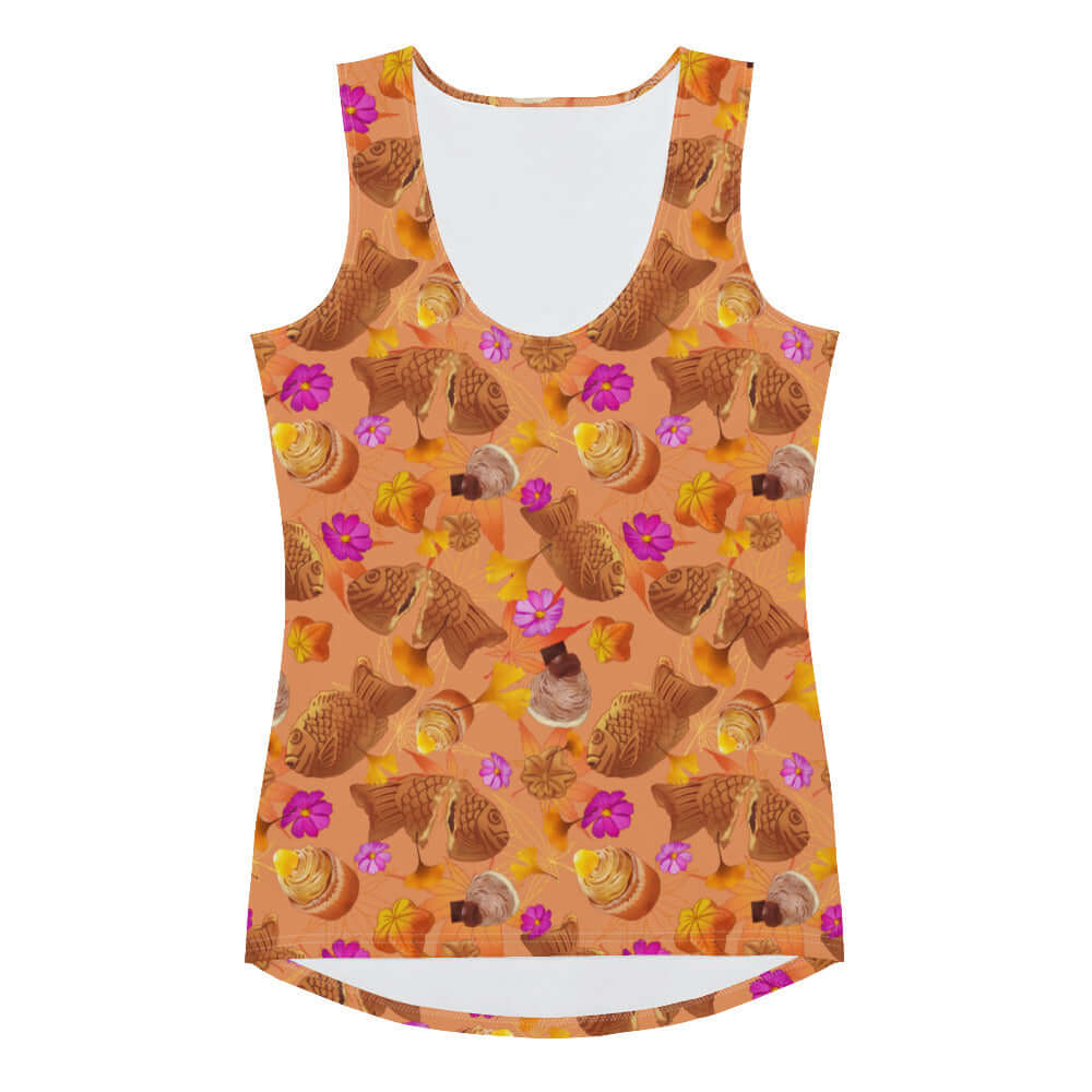 Stylish Momiji Tank Top in warm tones and pink accents, perfect for fall and body-hugging fits for any occasion.