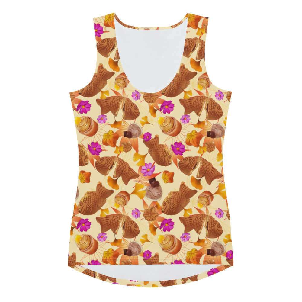 Colorful Momiji Tank Top with warm tones and pink accents, perfect for fall and a stylish body-hugging fit.