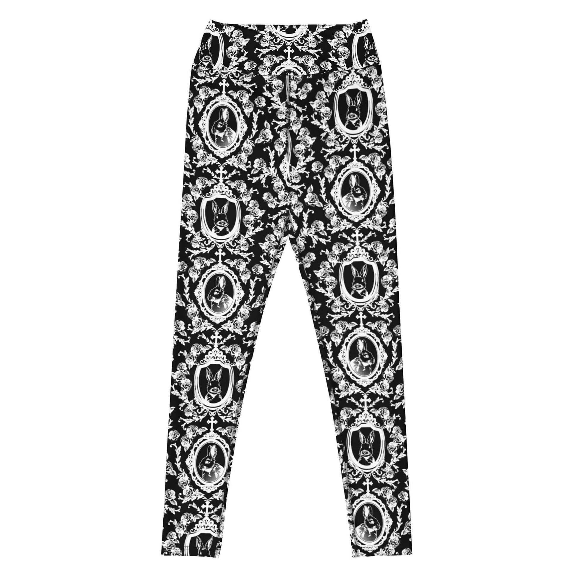 High-waisted Queen's Beloved Bunny Leggings feature a regal bunny print on soft, comfortable fabric for a chic look.