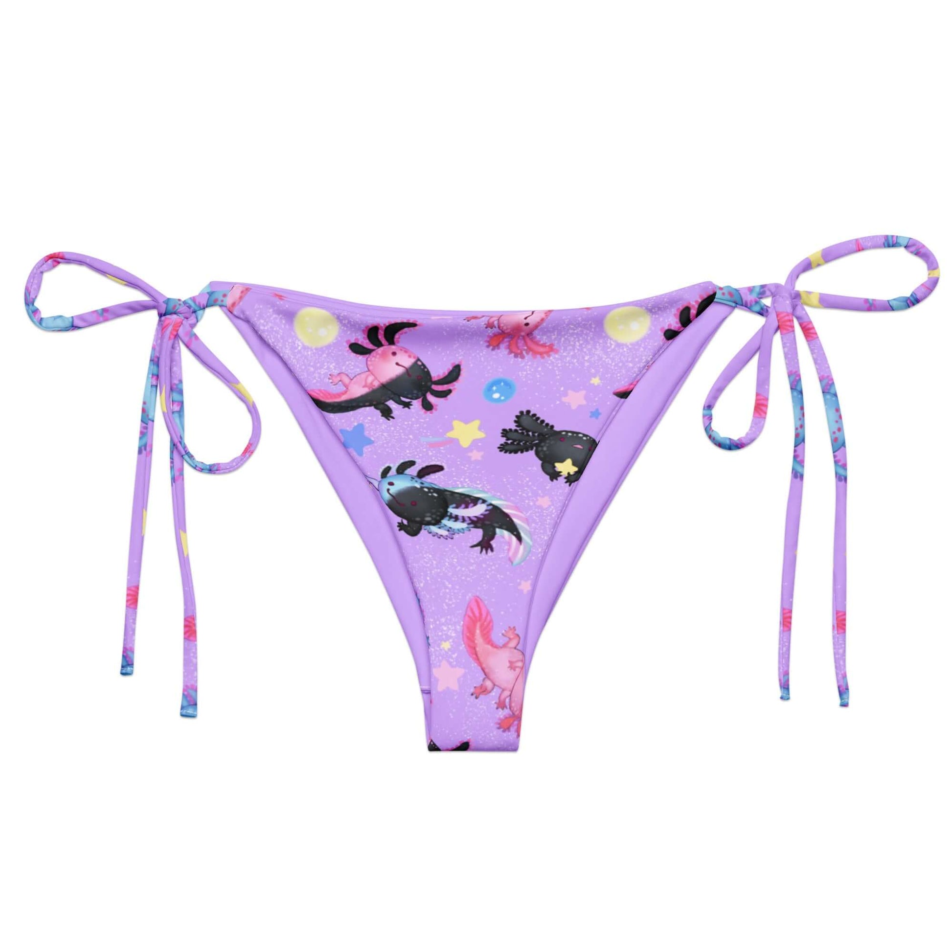 Vibrant Axolotl String Bikini Bottom in purple, perfect for poolside relaxation with adjustable straps and UPF 50+.