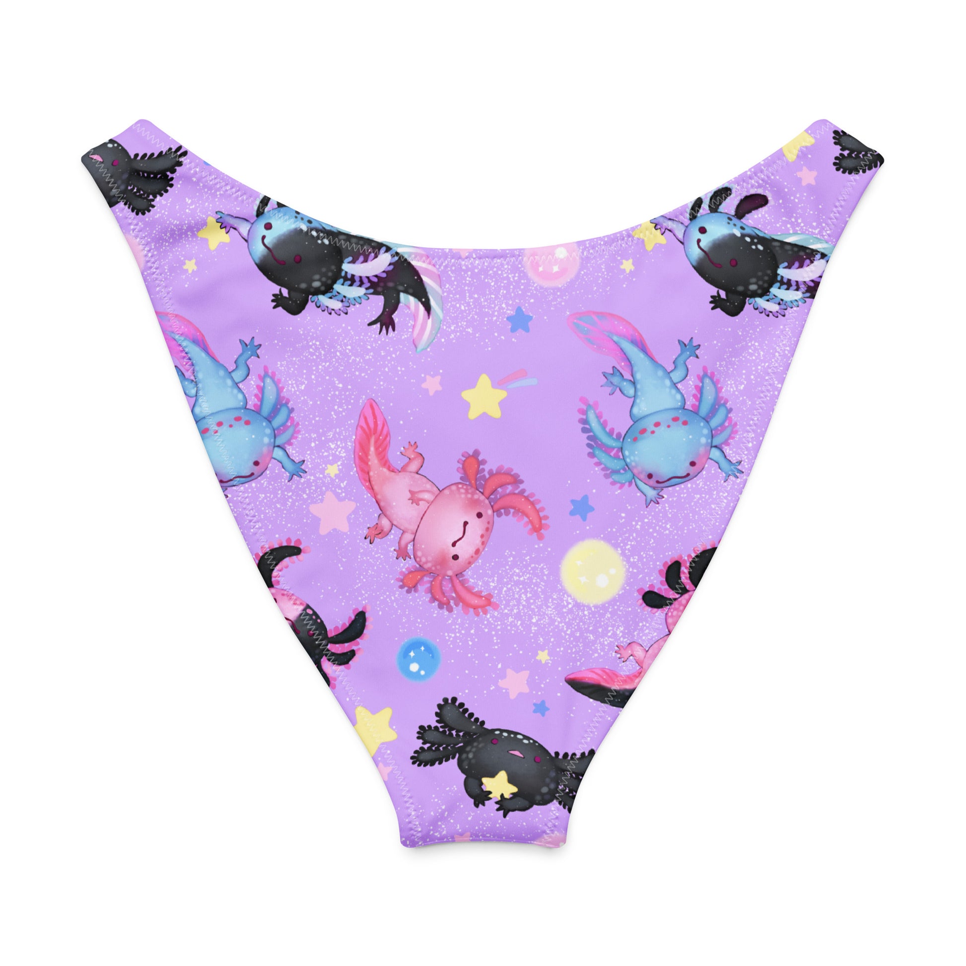Colorful axolotl pattern on V-cut bikini bottom, perfect for beach days with UPF 50+ sun protection.