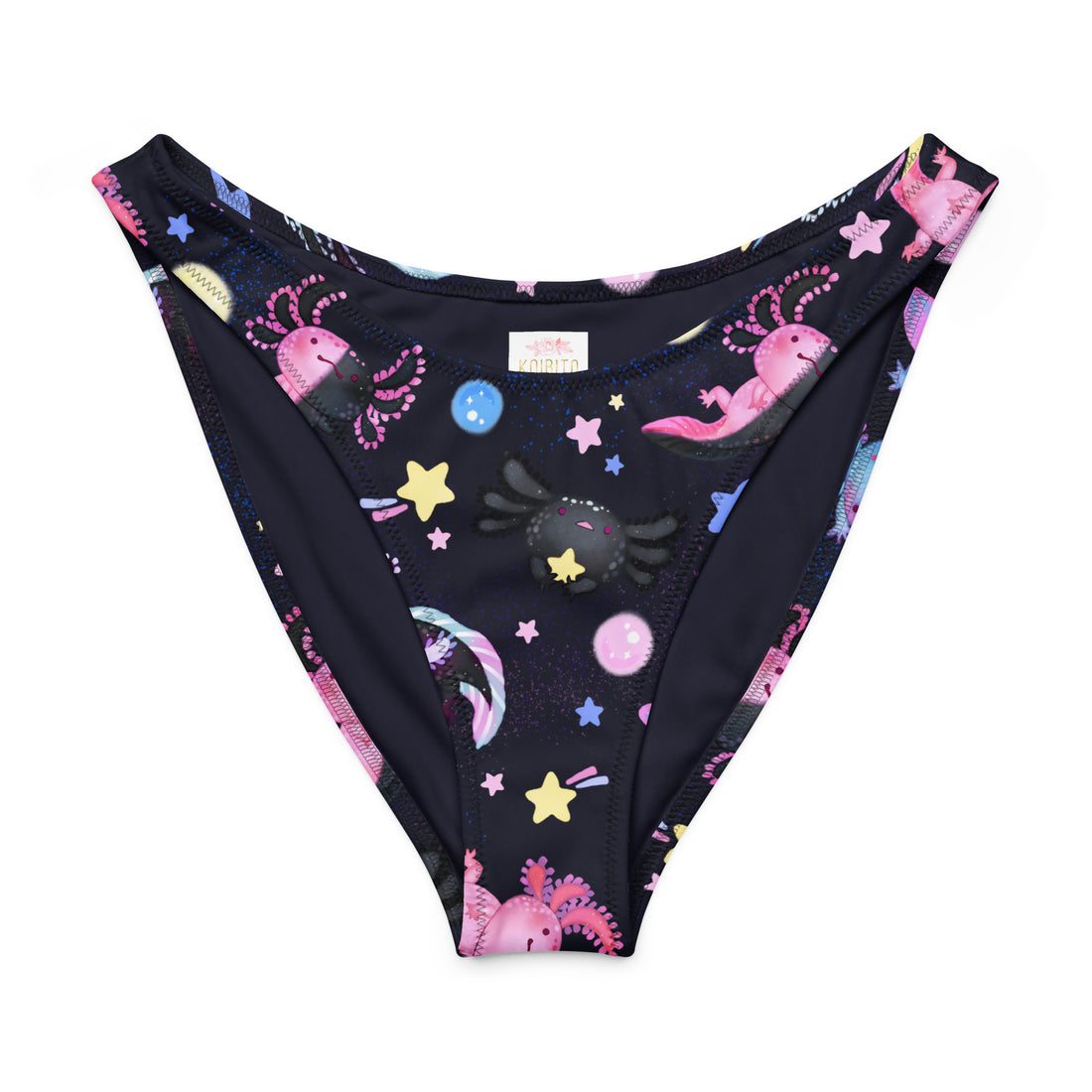 V-cut bikini bottom featuring fun axolotl and cosmic print, perfect for stylish summer days.
