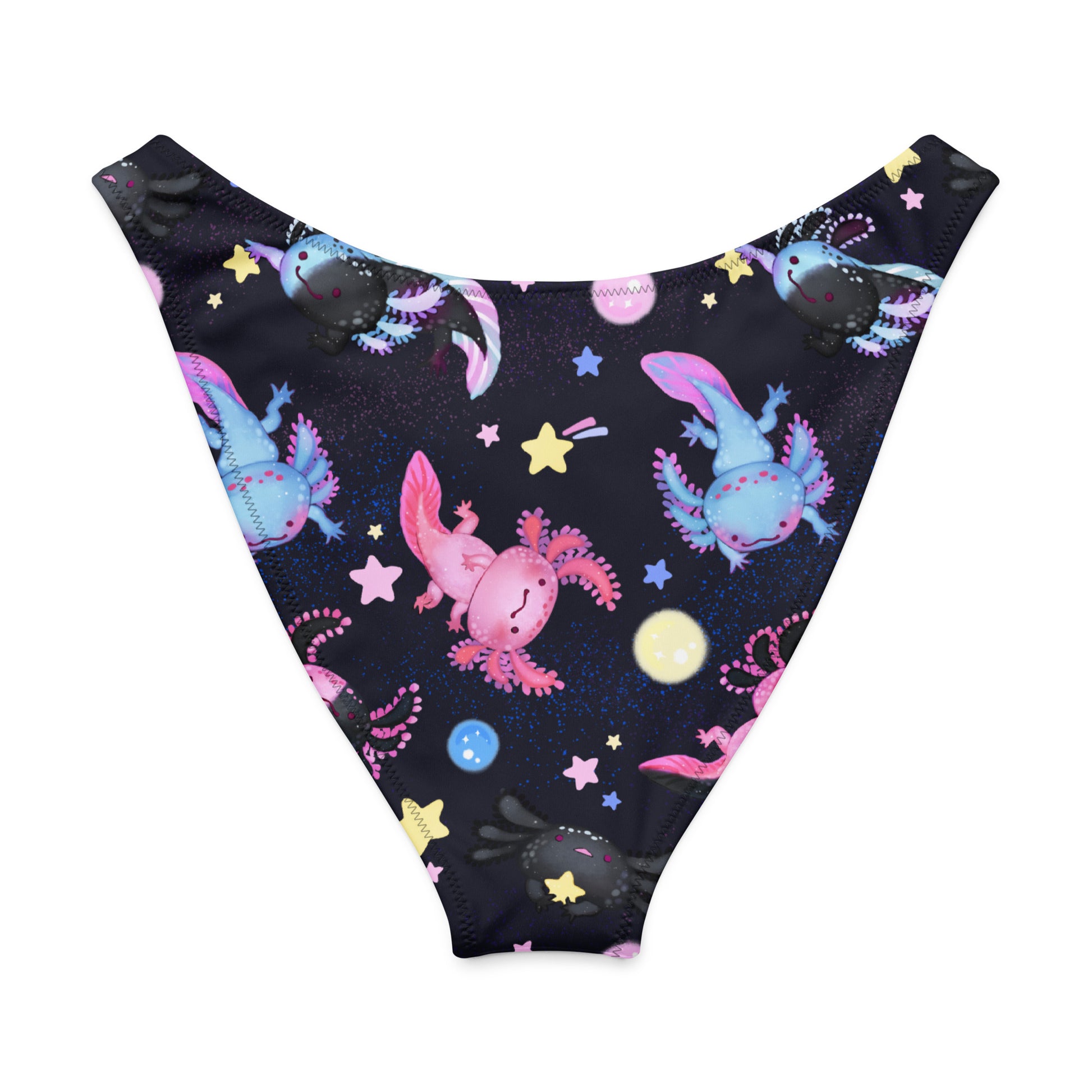 Colorful Axolotl V-cut bikini bottom with playful designs and celestial motifs, perfect for sunny days.