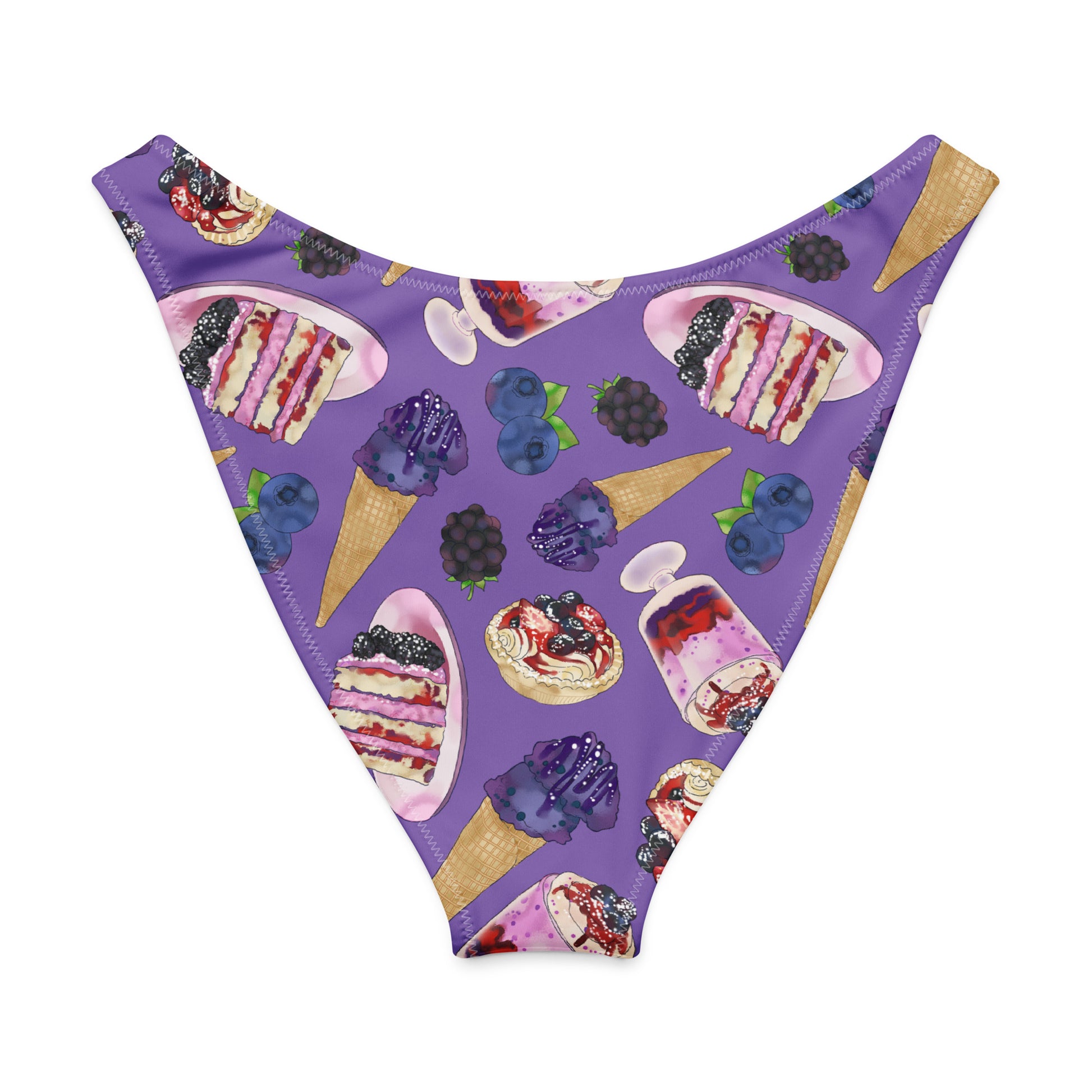 Berry V-cut bikini bottom with playful purple ice cream and dessert print, perfect for sunny beach days.
