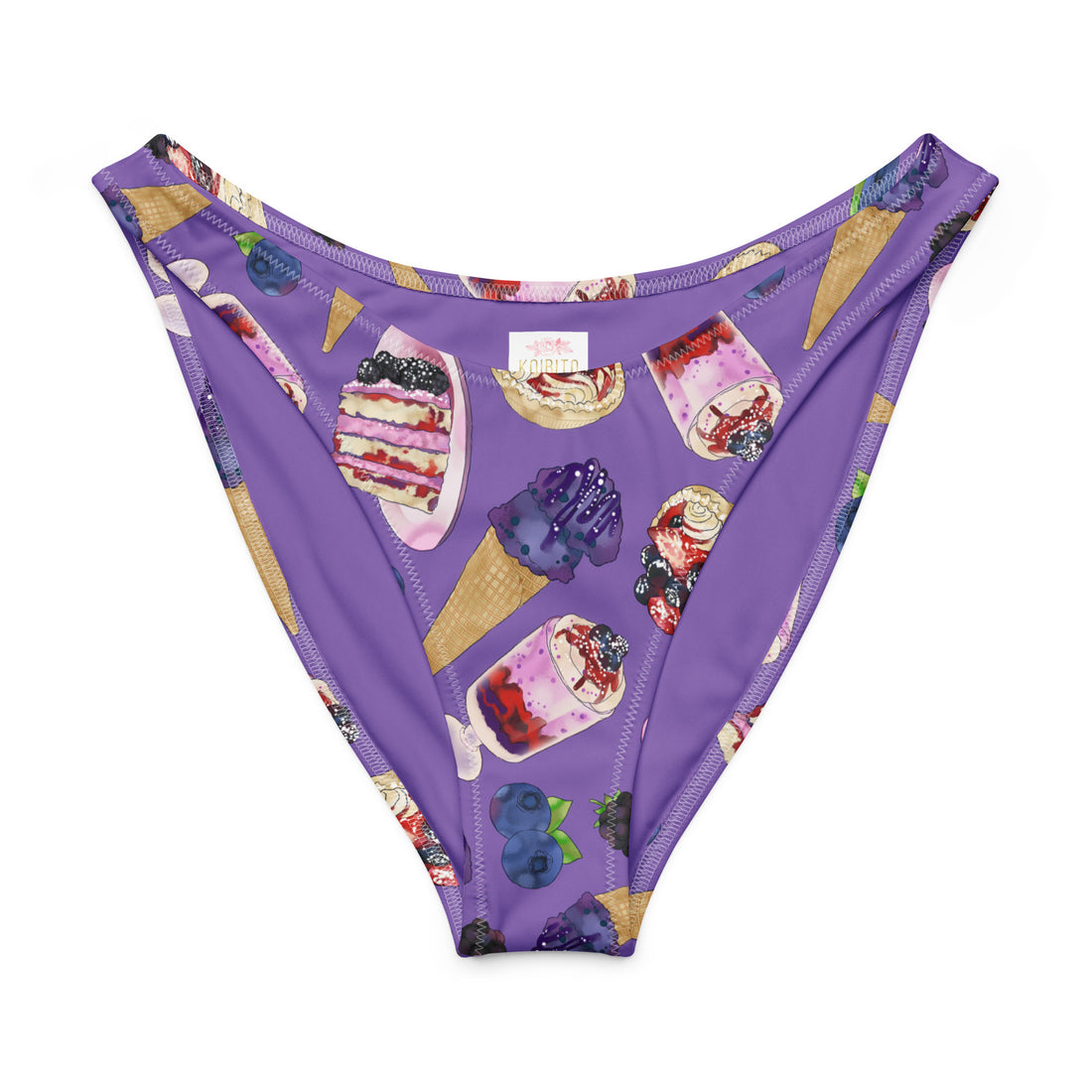 Berry V-cut bikini bottom featuring a fun dessert print on a purple background, perfect for sunny beach days.