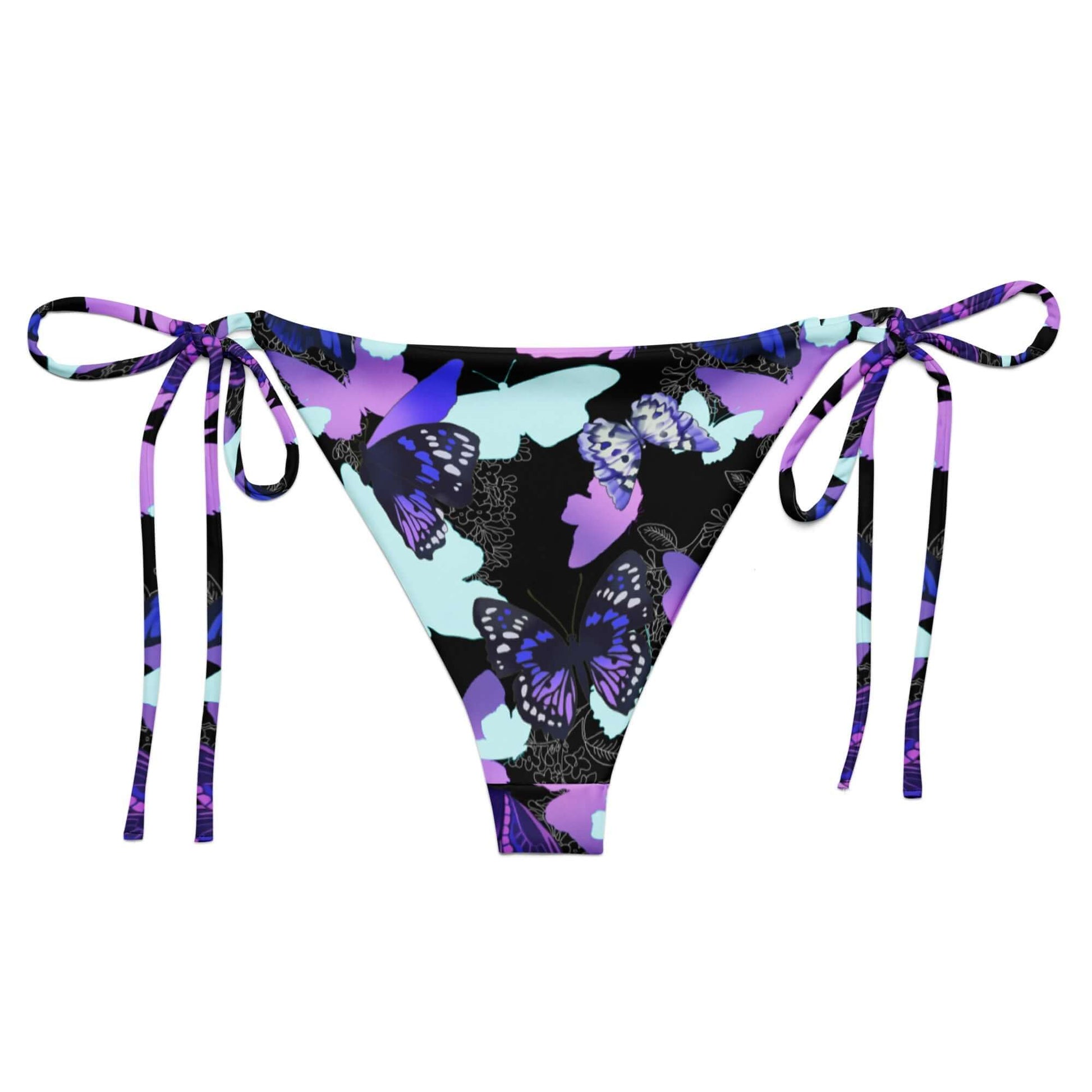 Stylish Butterfly String Bikini Bottom featuring vibrant butterfly prints, perfect for sunbathing by the pool.