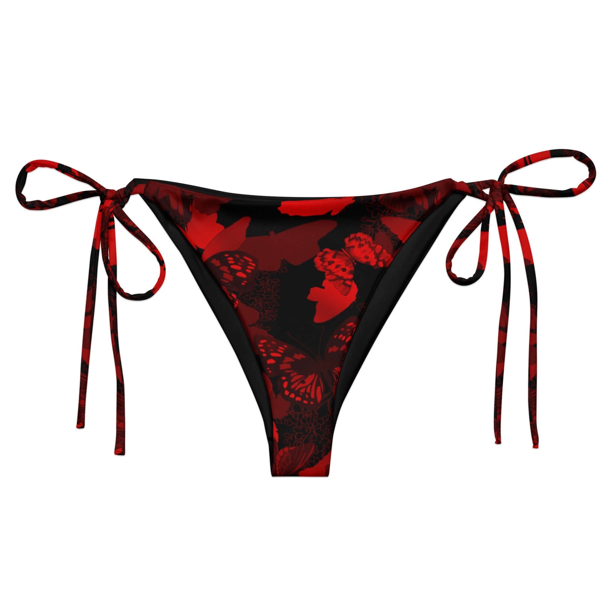 Versatile Butterfly String Bikini Bottom in red and black, perfect for sunbathing with adjustable straps.