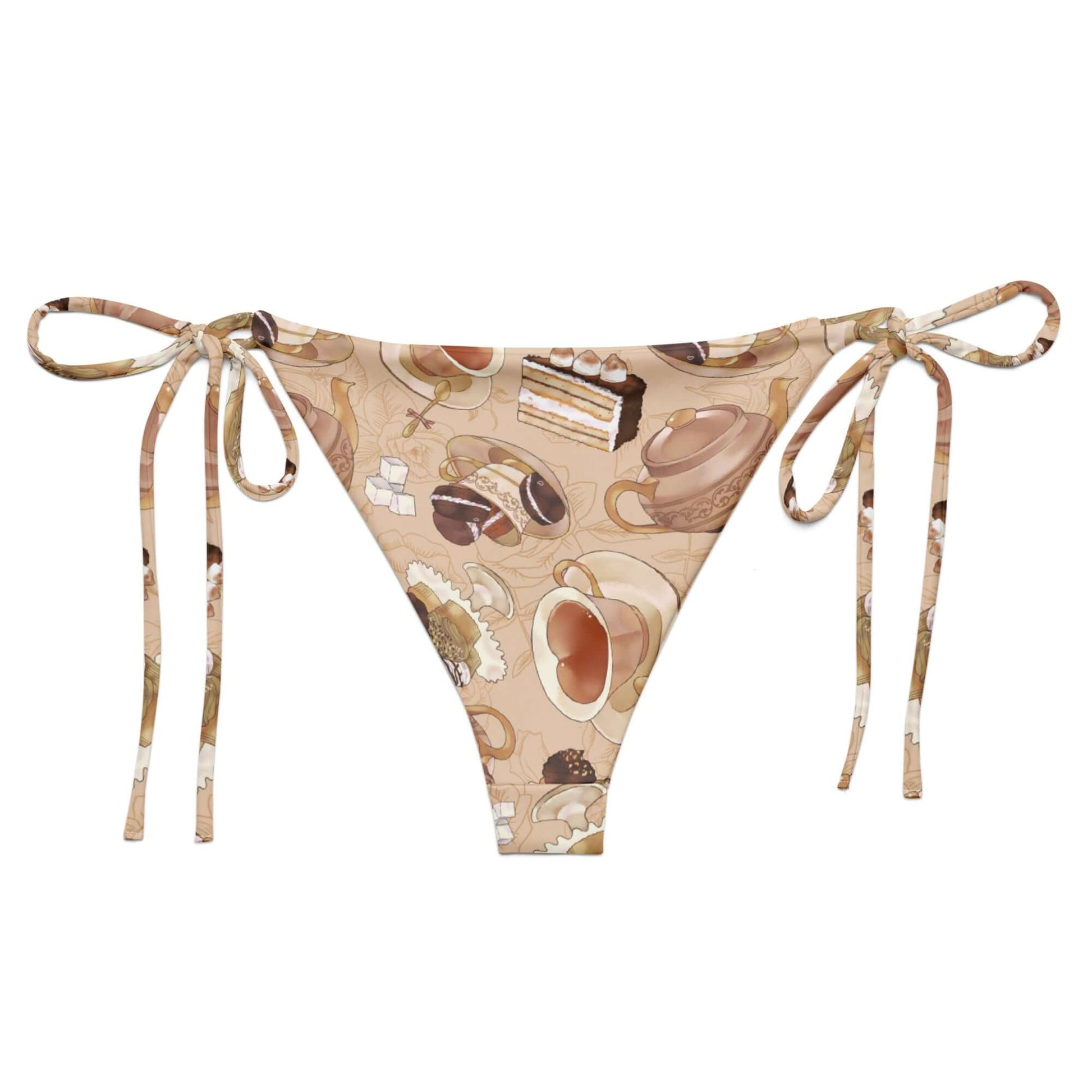 Versatile Cafe String Bikini Bottom with fun food prints, perfect for sunbathing by the pool this summer.