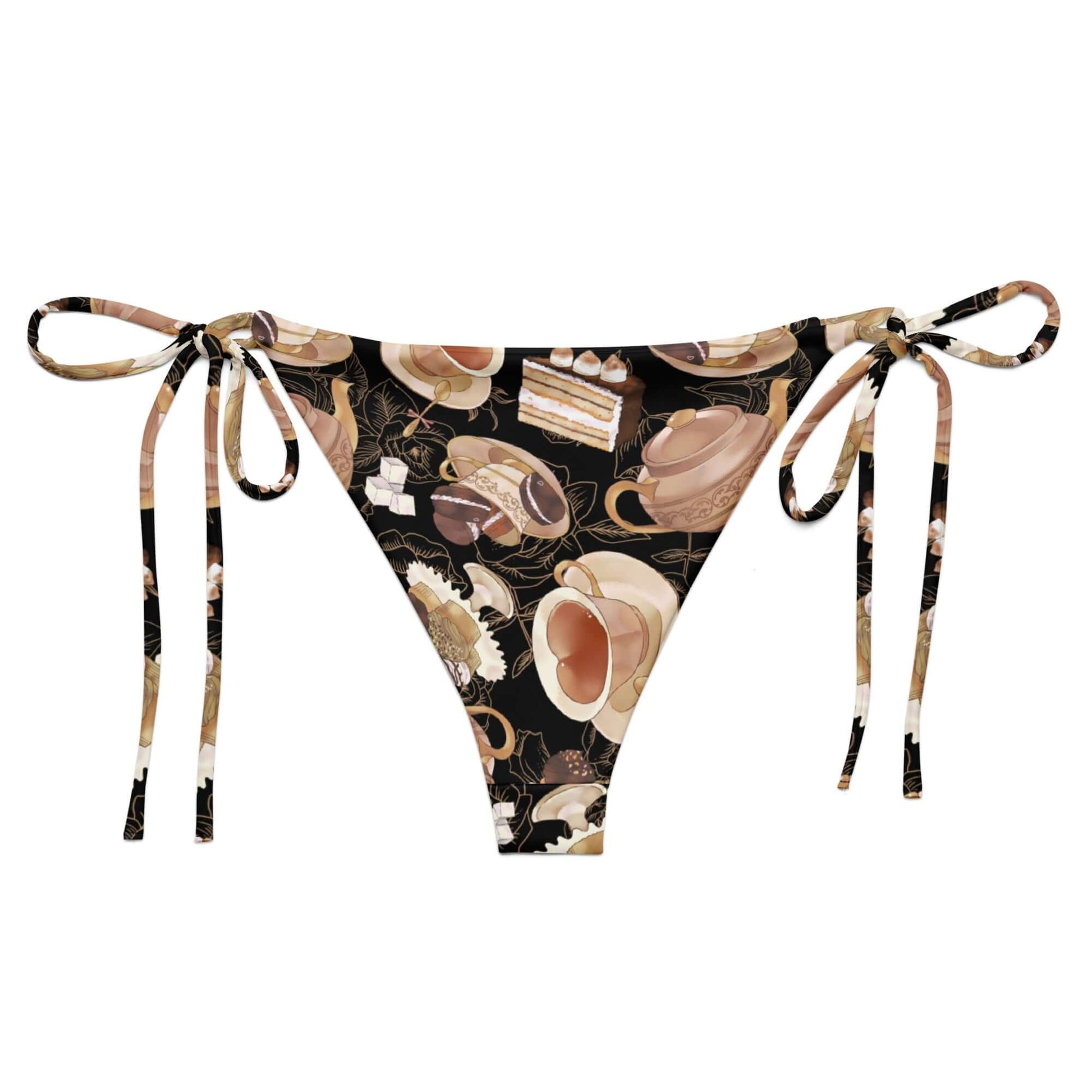 Stylish Cafe String Bikini Bottom featuring a chic tea and dessert print, perfect for summer poolside relaxation.