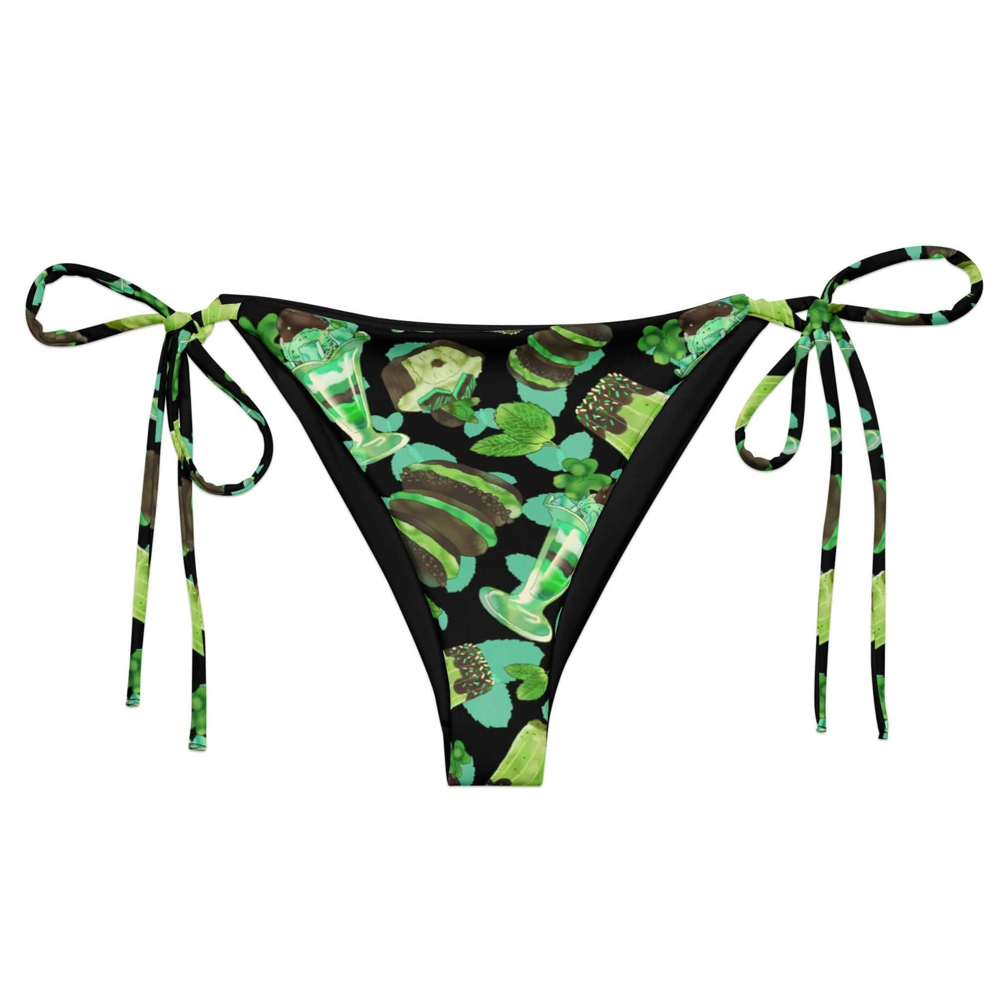Choco Mint String Bikini Bottom featuring a fun minty print, perfect for sunbathing by the pool this summer.