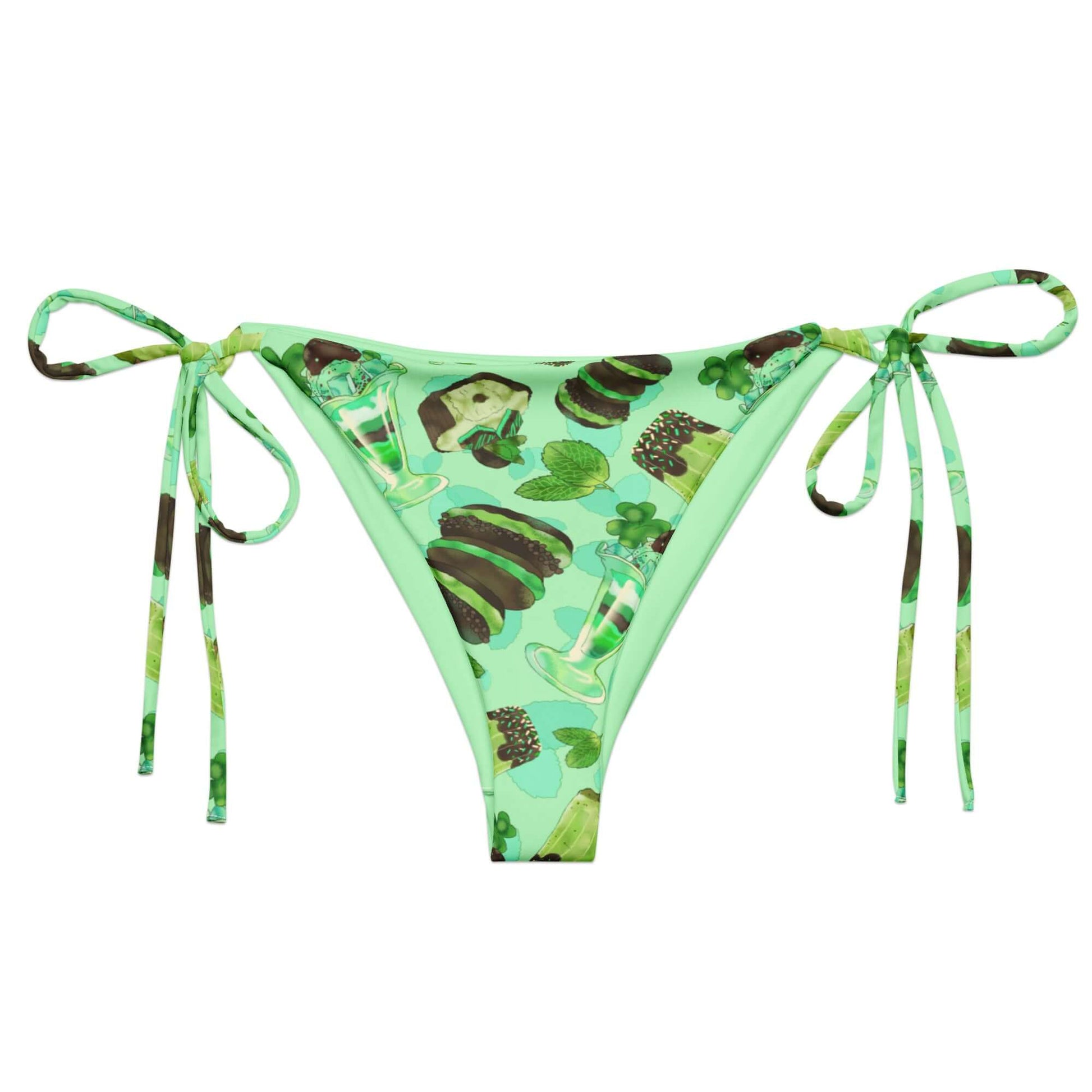 Choco Mint String Bikini Bottom features a playful design, perfect for sunbathing and poolside relaxation.