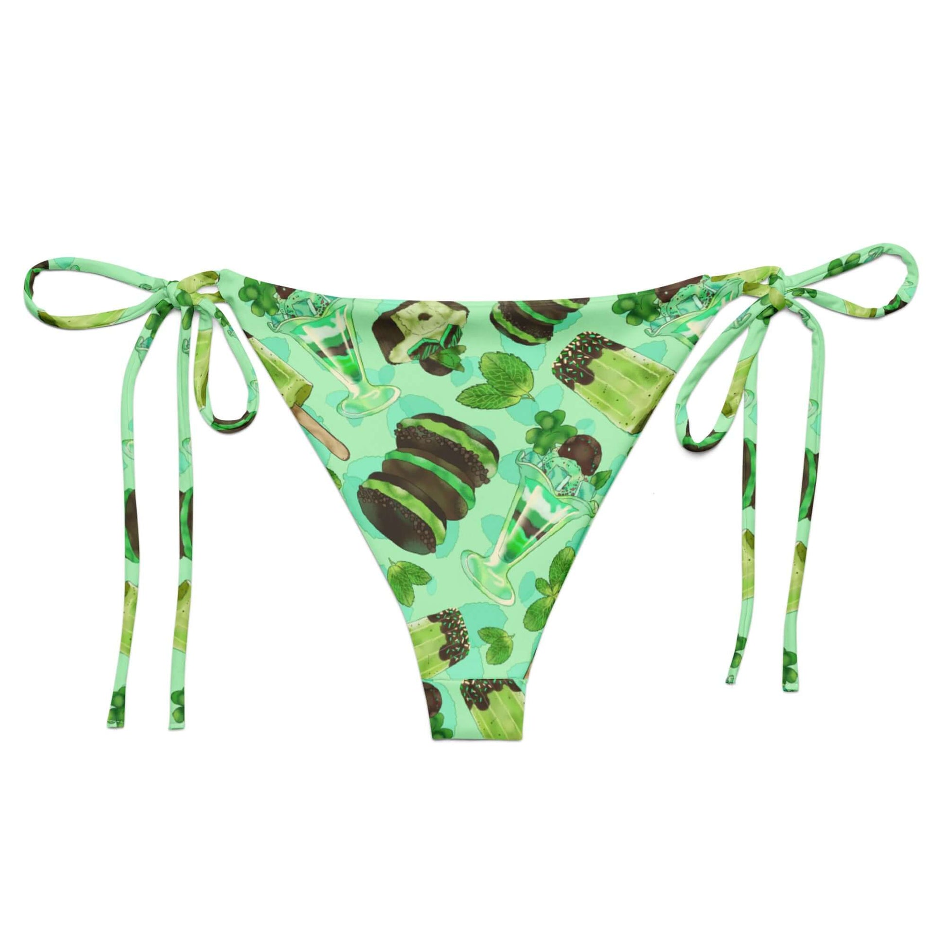 Choco Mint String Bikini Bottom with vibrant mint and chocolate patterns, perfect for summer poolside relaxation.