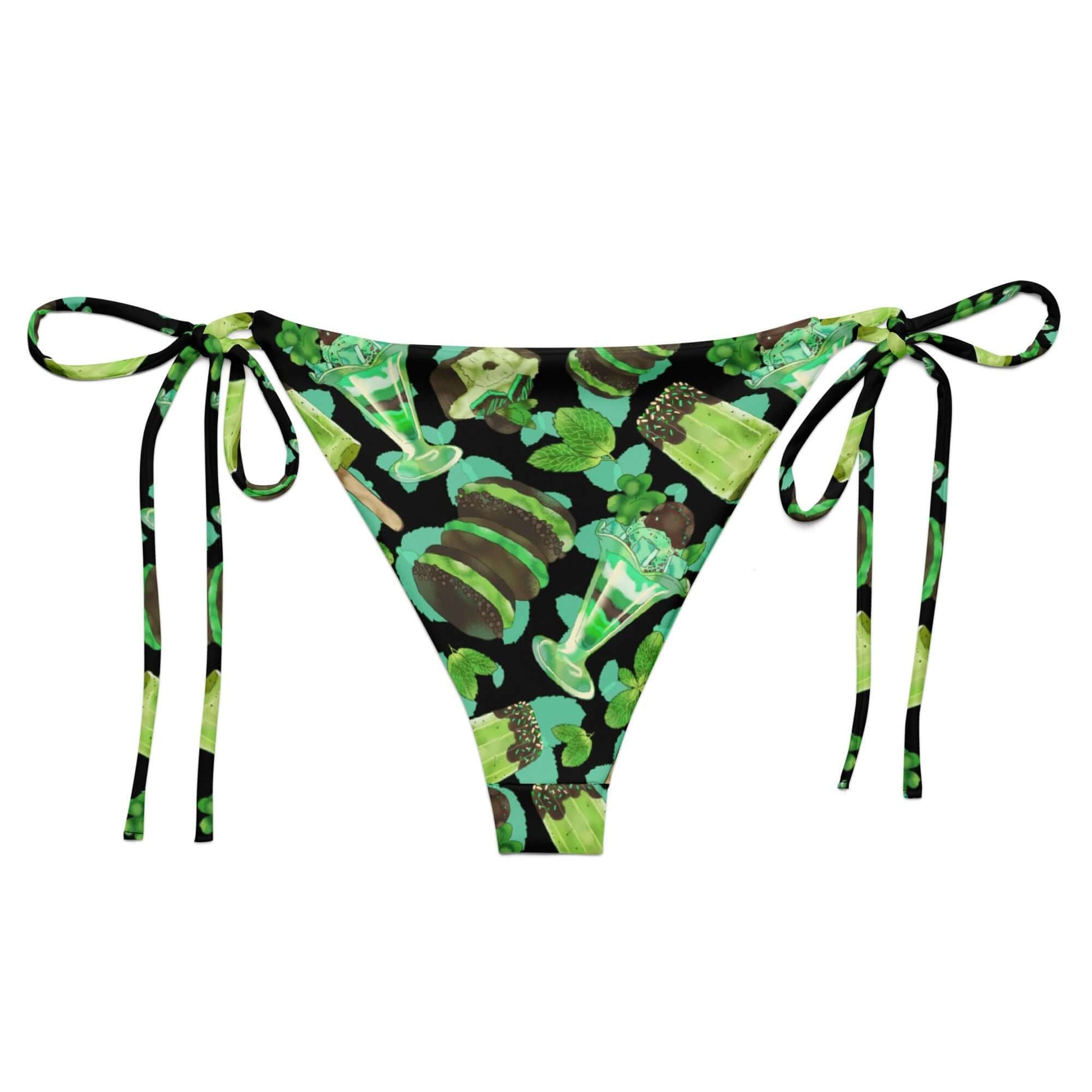 Choco Mint String Bikini Bottom features a fun mint pattern, perfect for poolside relaxation this summer.