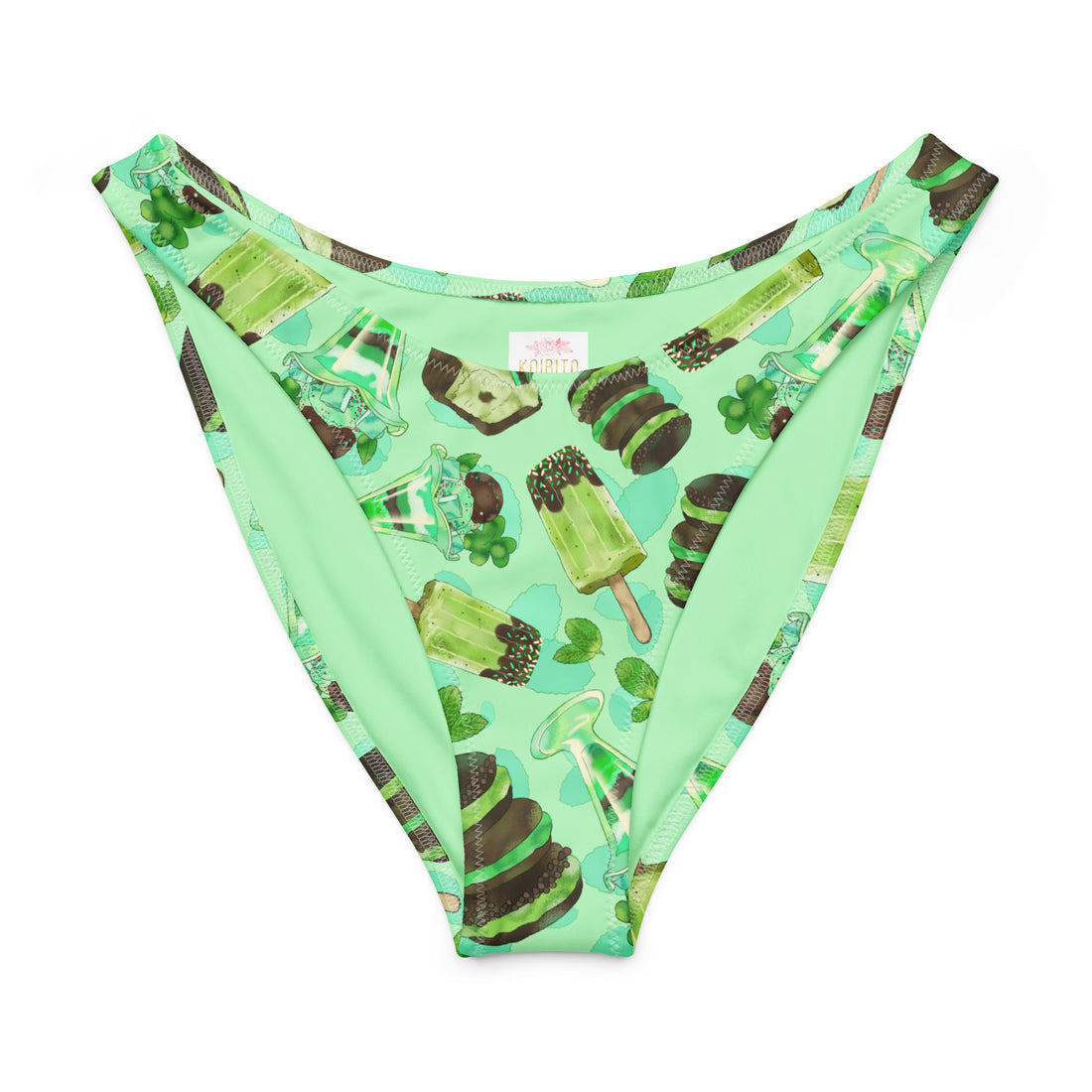 Choco Mint V-cut bikini bottom with fun dessert pattern, perfect for summer fun with UV protection and soft, stretchy fabric.