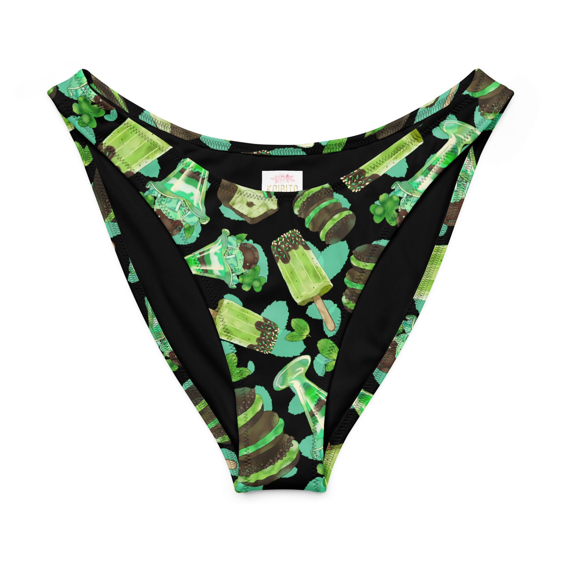 Choco Mint V-cut bikini bottoms with fun green mint patterns on a black background, perfect for a stylish beach day.