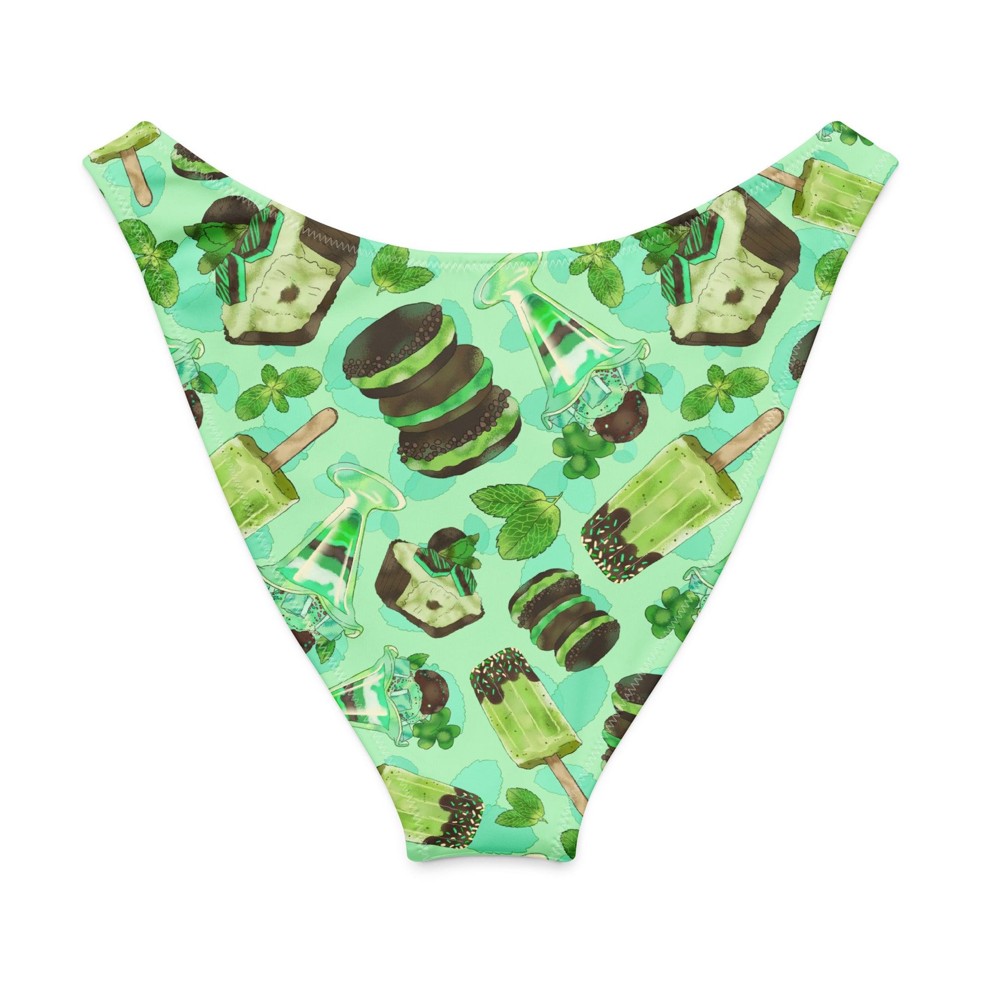 Choco Mint V-cut bikini bottom featuring a playful mint and chocolate print on a light green background.