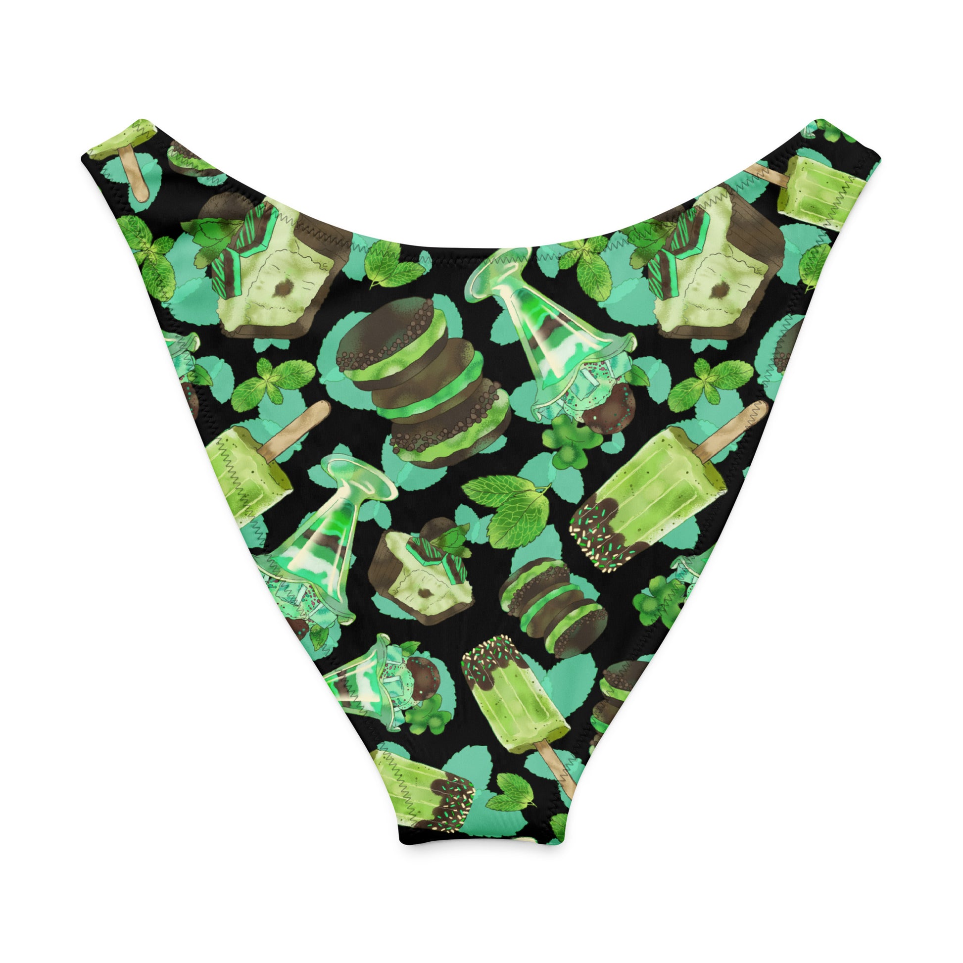 Choco Mint V-cut bikini bottom with vibrant mint and chocolate patterns on a black background for fun summer style.