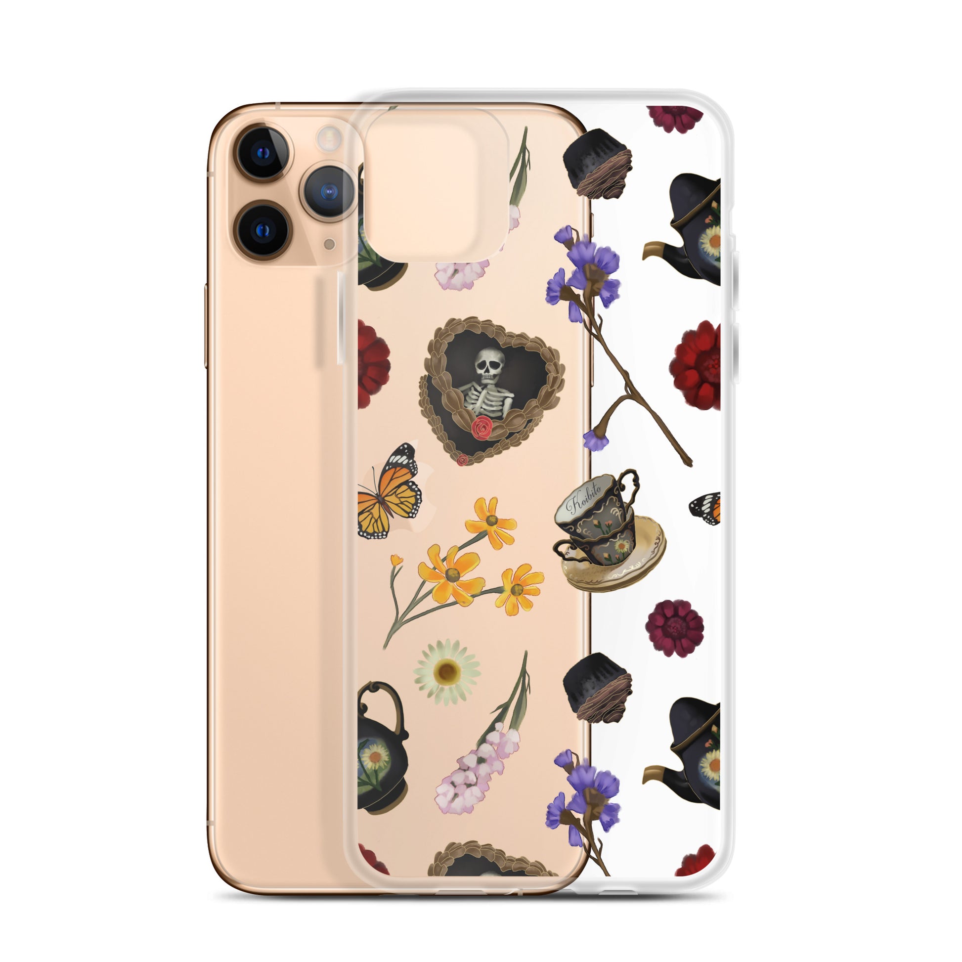Stylish Gothic Tea Time iPhone® Clear Case featuring floral and skeleton designs for protection and elegance.