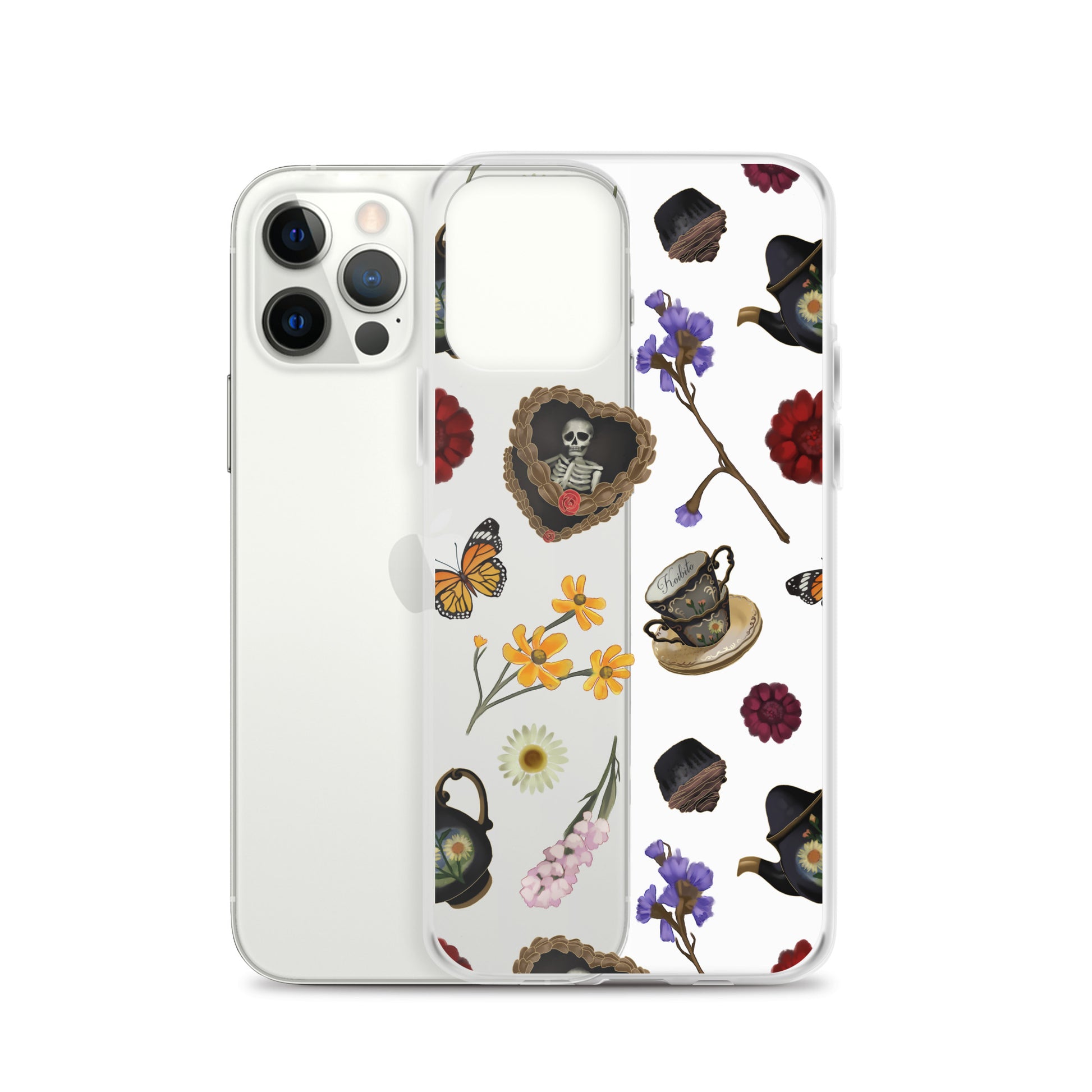 Gothic Tea Time iPhone® Clear Case featuring elegant floral and skull designs for stylish protection and easy access.
