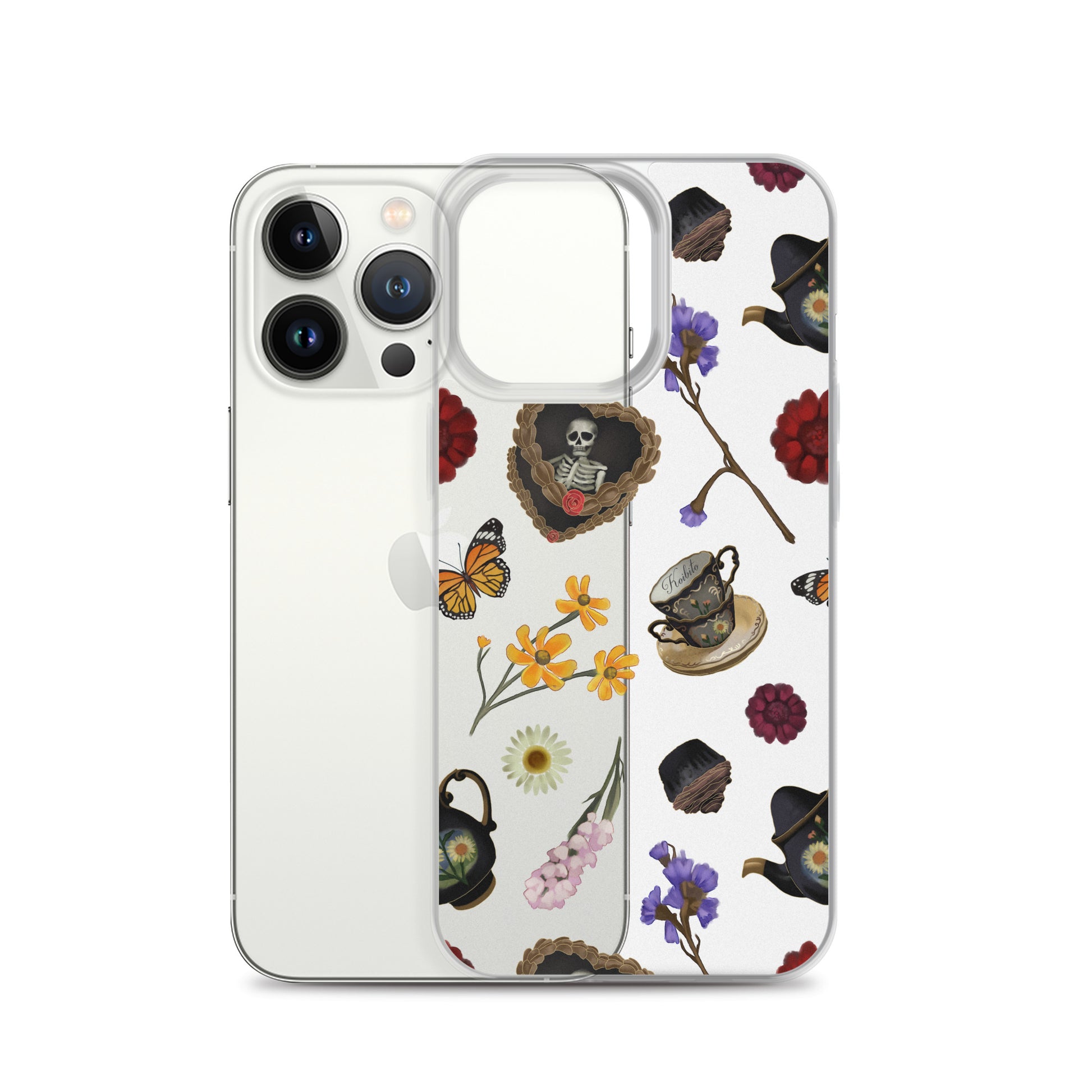 Gothic Tea Time iPhone® Clear Case features a unique design with flowers, teacups, and butterflies, offering stylish protection.