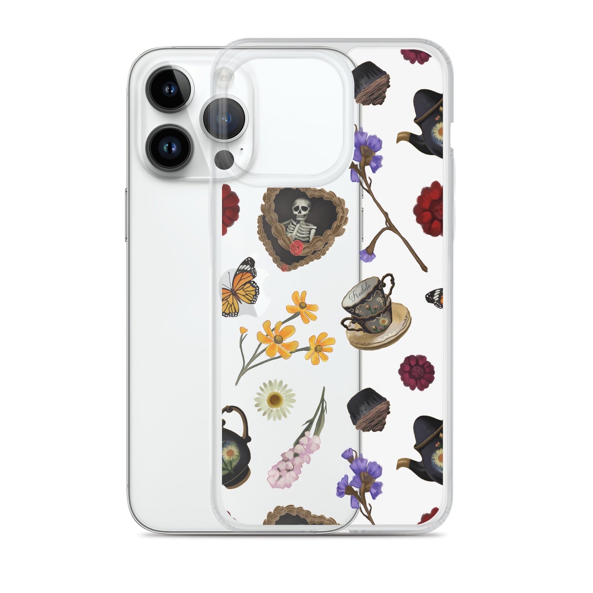 Stylish Gothic Tea Time iPhone® Clear Case featuring floral and skull designs, perfect for protection and aesthetics.