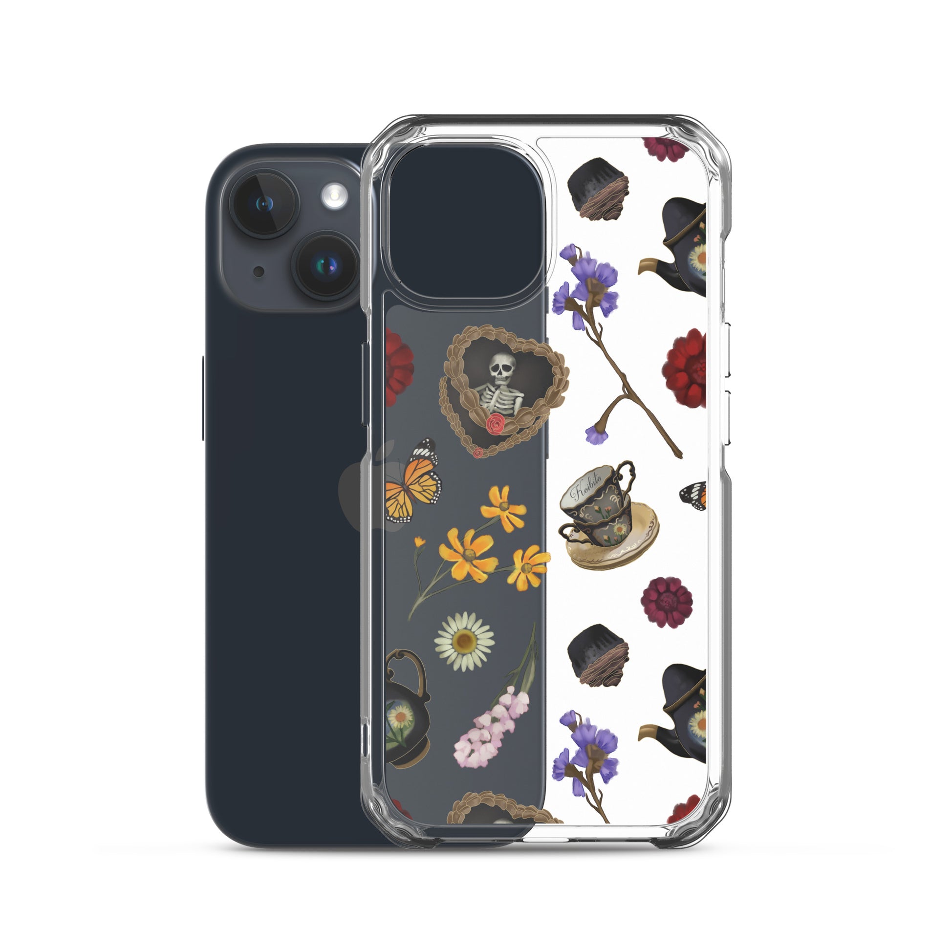 Stylish Gothic Tea Time iPhone® Clear Case featuring floral and skull designs for sleek protection and easy access.