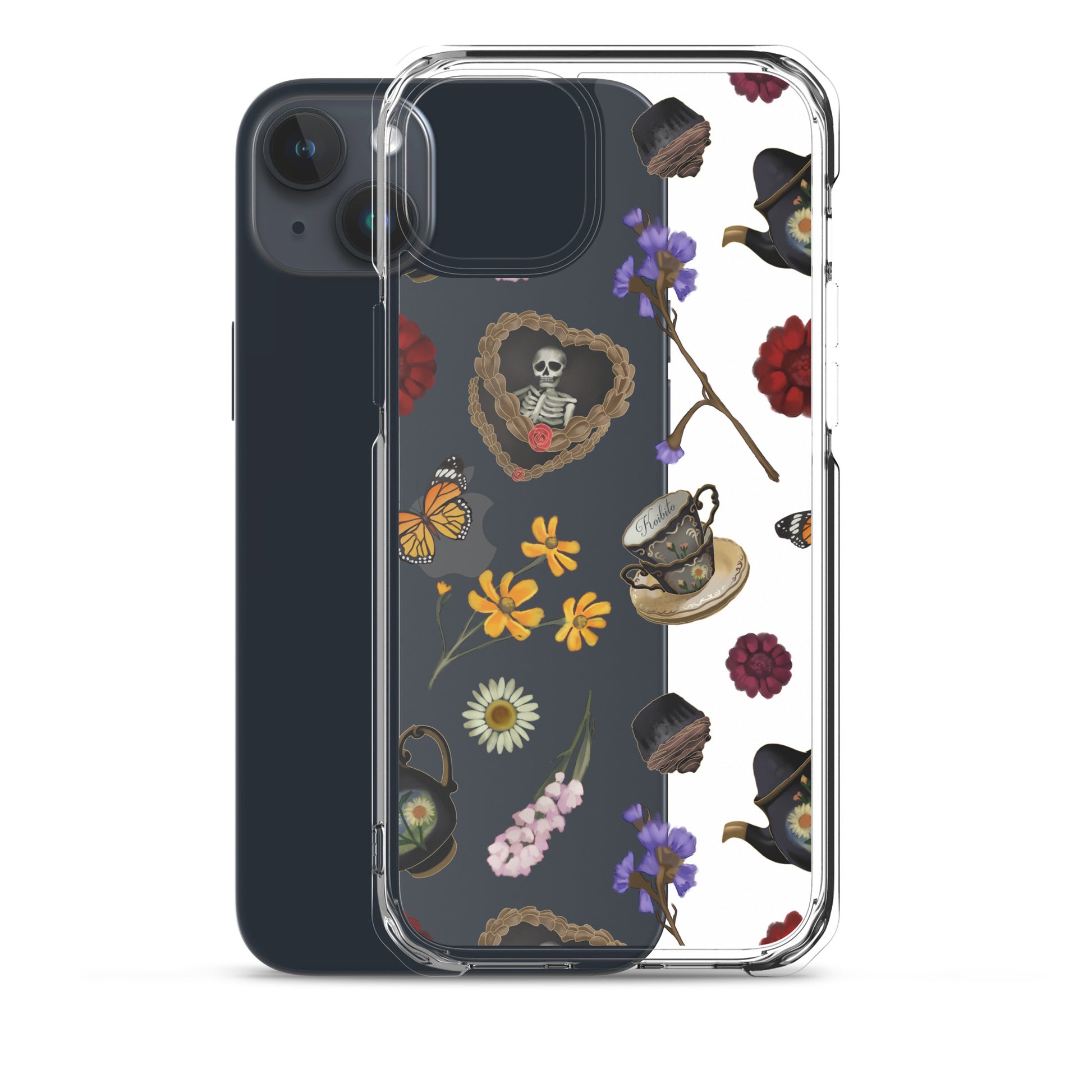 Gothic Tea Time iPhone® Clear Case featuring floral and skull designs, perfect for stylish protection and easy access.
