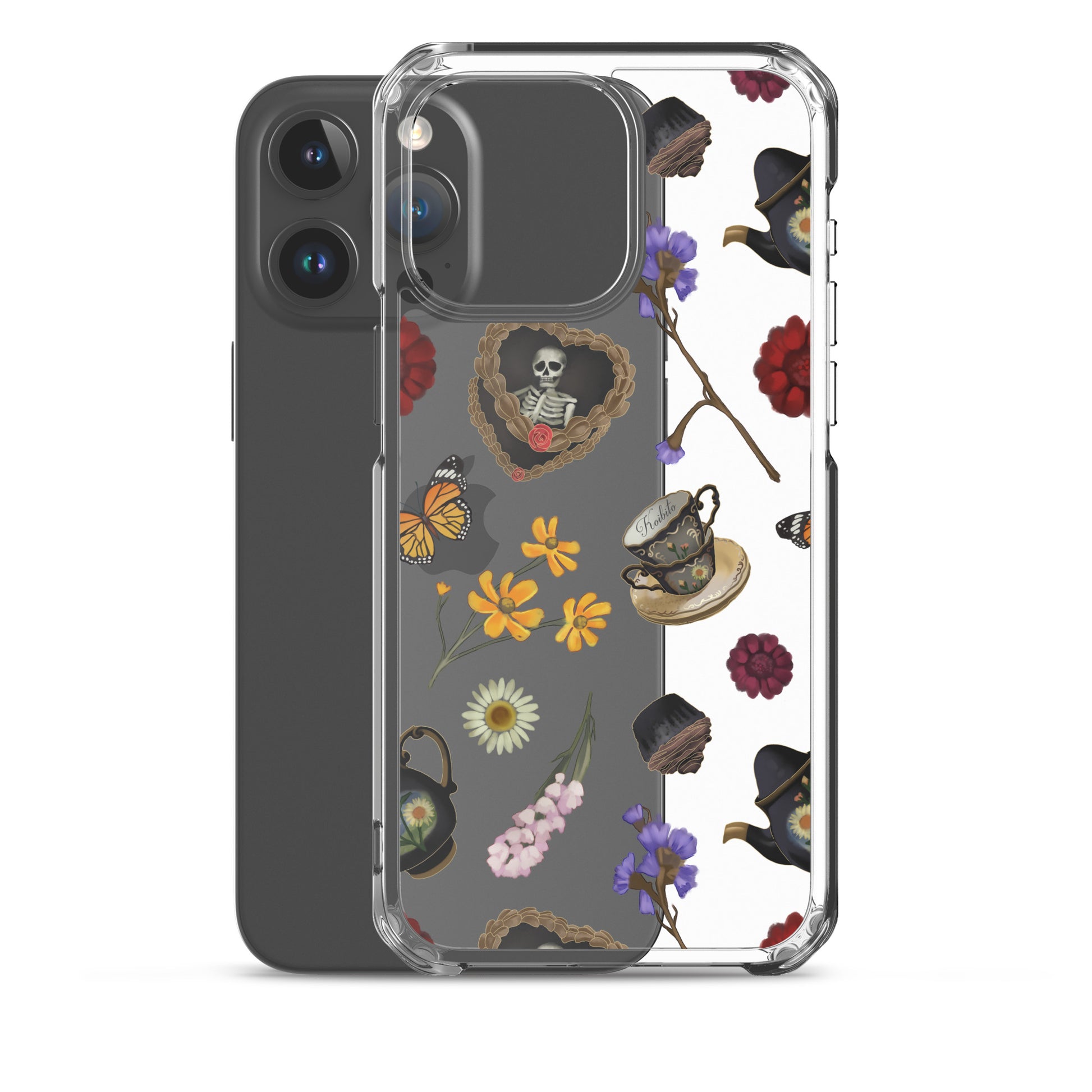 Sleek Gothic Tea Time iPhone® Clear Case featuring vibrant floral and skull designs for stylish protection.