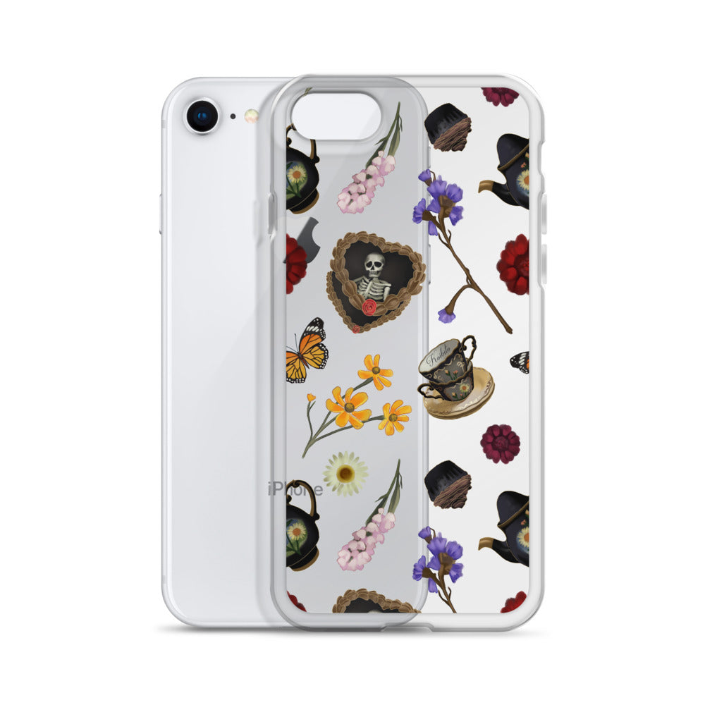 Stylish Gothic Tea Time iPhone® Clear Case featuring vibrant designs, offering protection from scratches and dust.