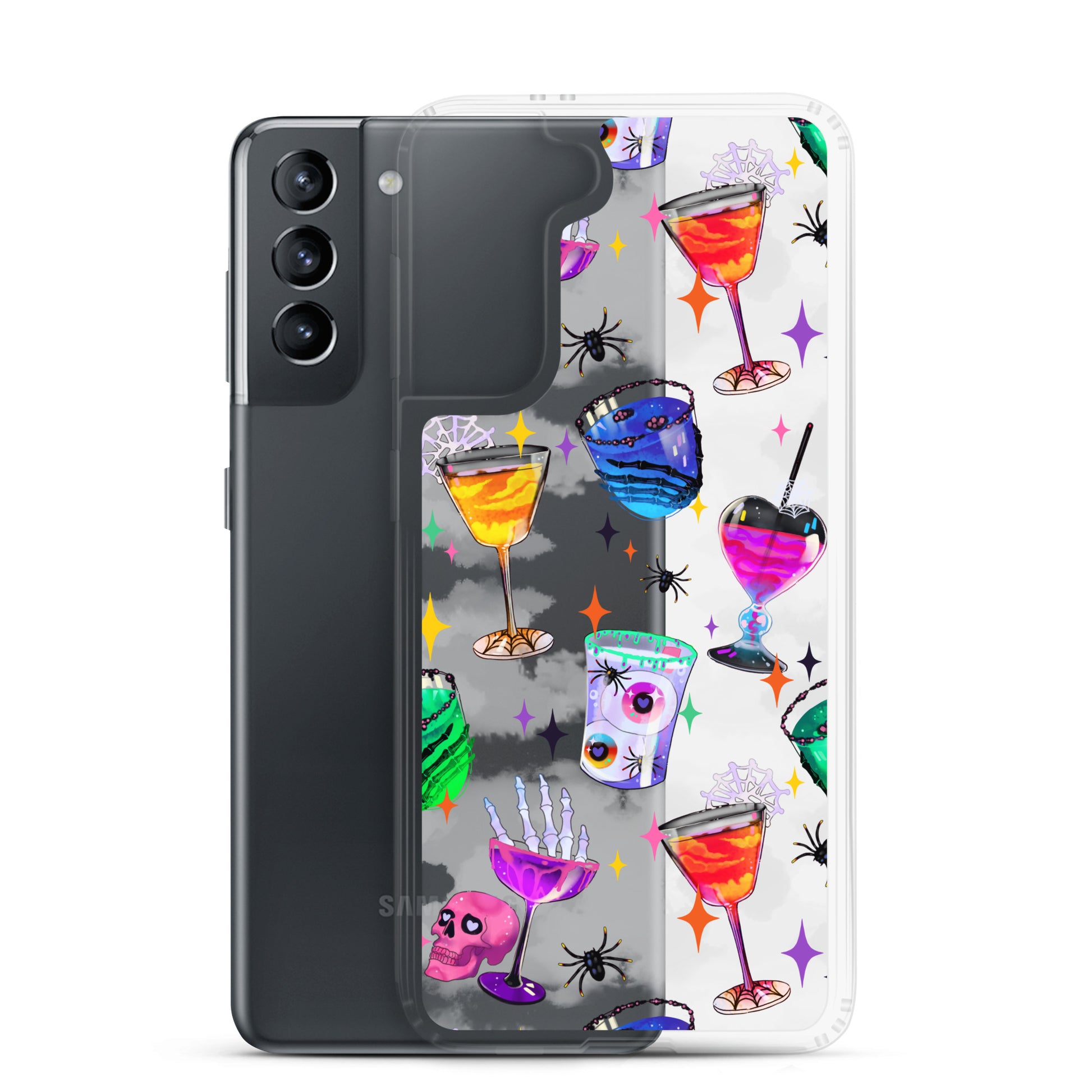 Sleek Monster Party Samsung® Clear Case with vibrant drink designs, offering protection and easy access for your Galaxy S21.