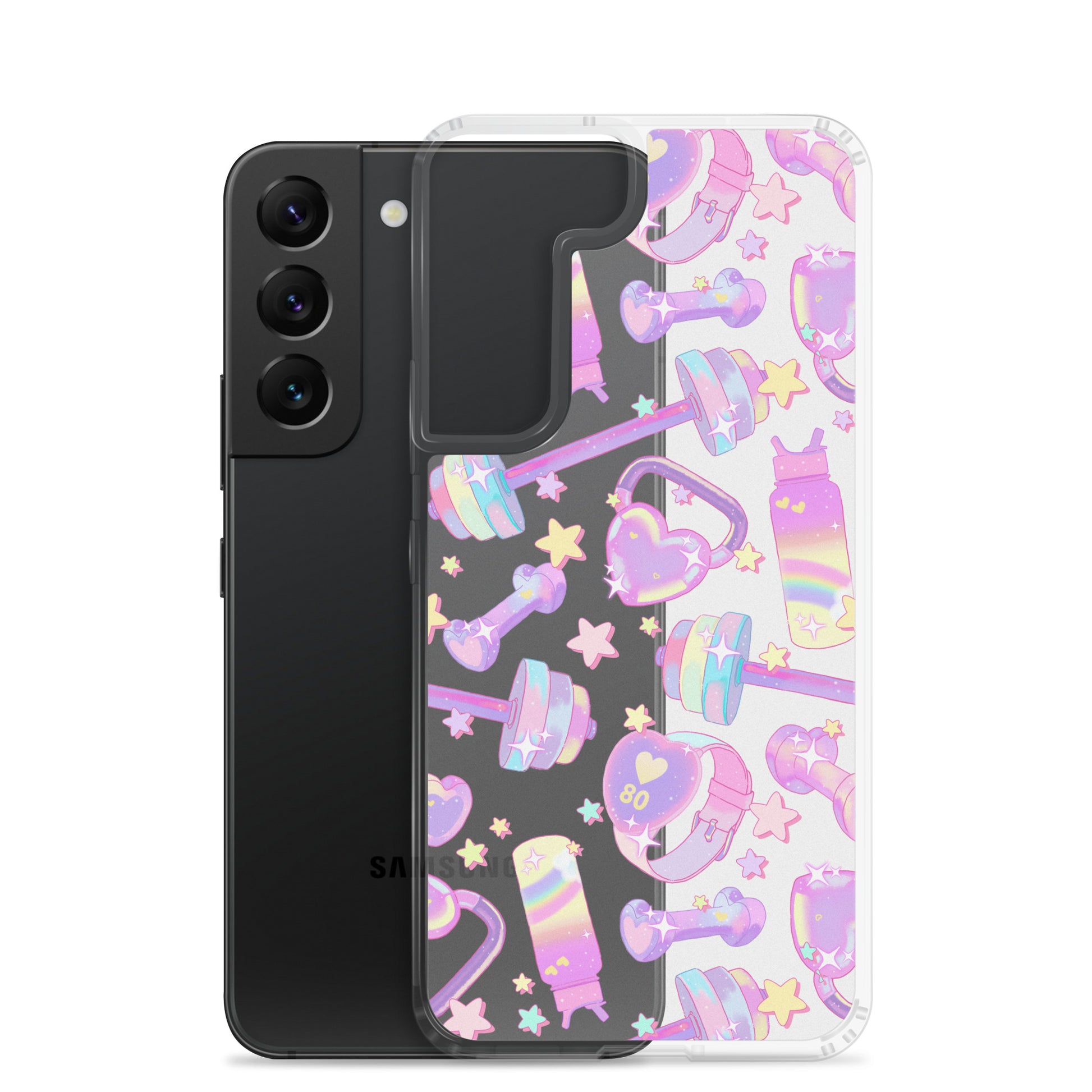 Sleek Glitter Gains Samsung® Clear Case, featuring a solid back and flexible sides for ultimate phone protection.