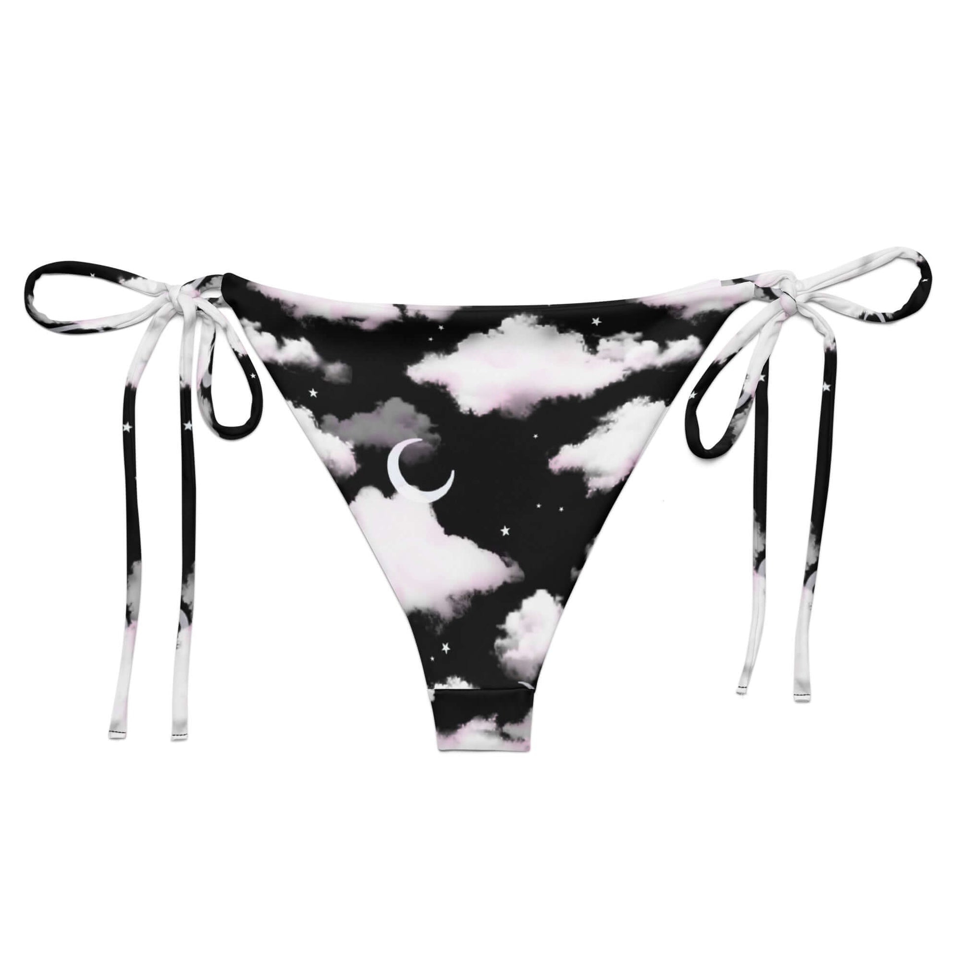 Stylish Cloudy Sky String Bikini Bottom featuring soft recycled polyester, perfect for sunbathing by the pool this summer.