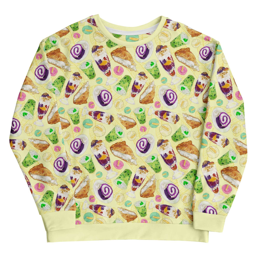Cozy Filipino Dessert Sweatshirt featuring iconic treats like ube rolls and halo halo, perfect for sweet tooth lovers!