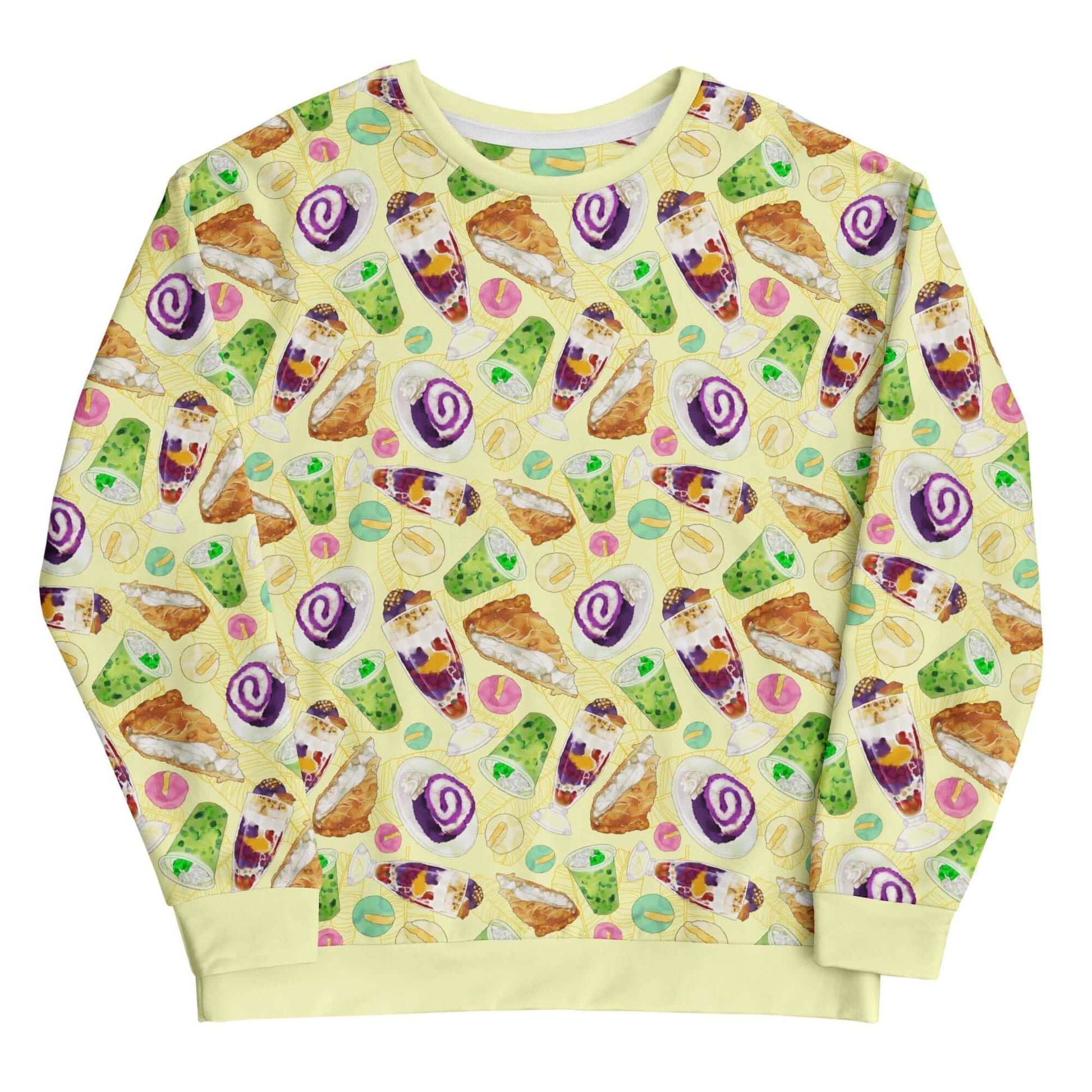 Cozy Filipino Dessert Sweatshirt featuring iconic treats like ube rolls and halo halo, perfect for sweet tooth lovers!