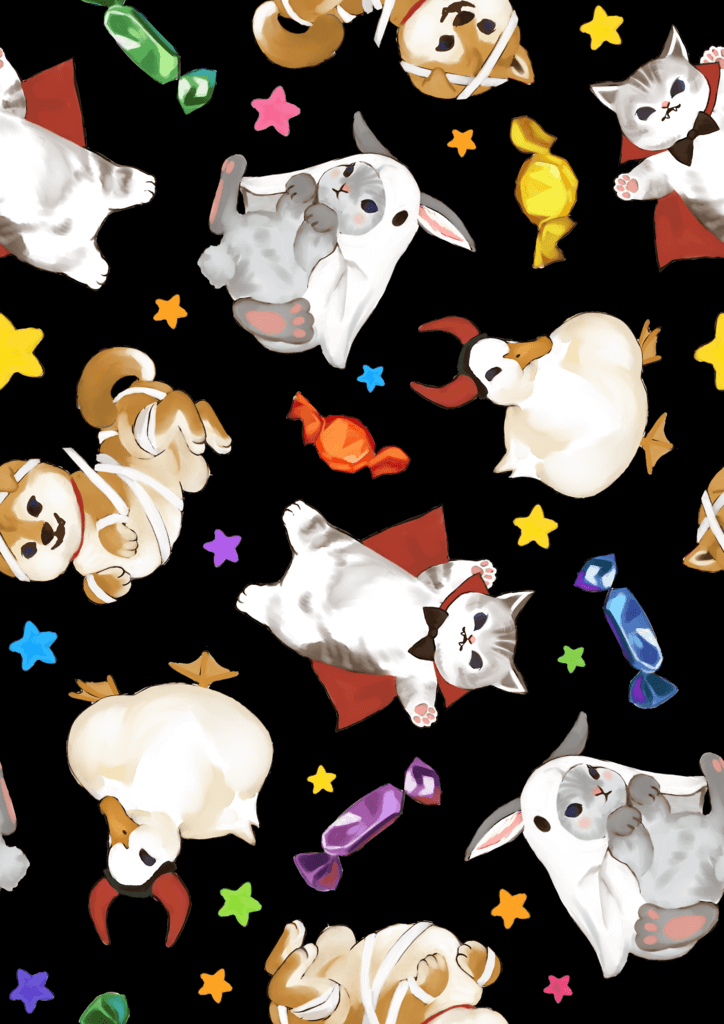 Cute cartoon animals including a dog, cat, and bunny surrounded by colorful candies and stars on a black background.