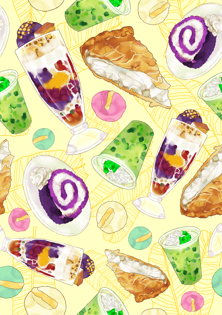 Colorful watercolor pattern featuring desserts like halo-halo, donuts, and rolls on a cheerful yellow background.