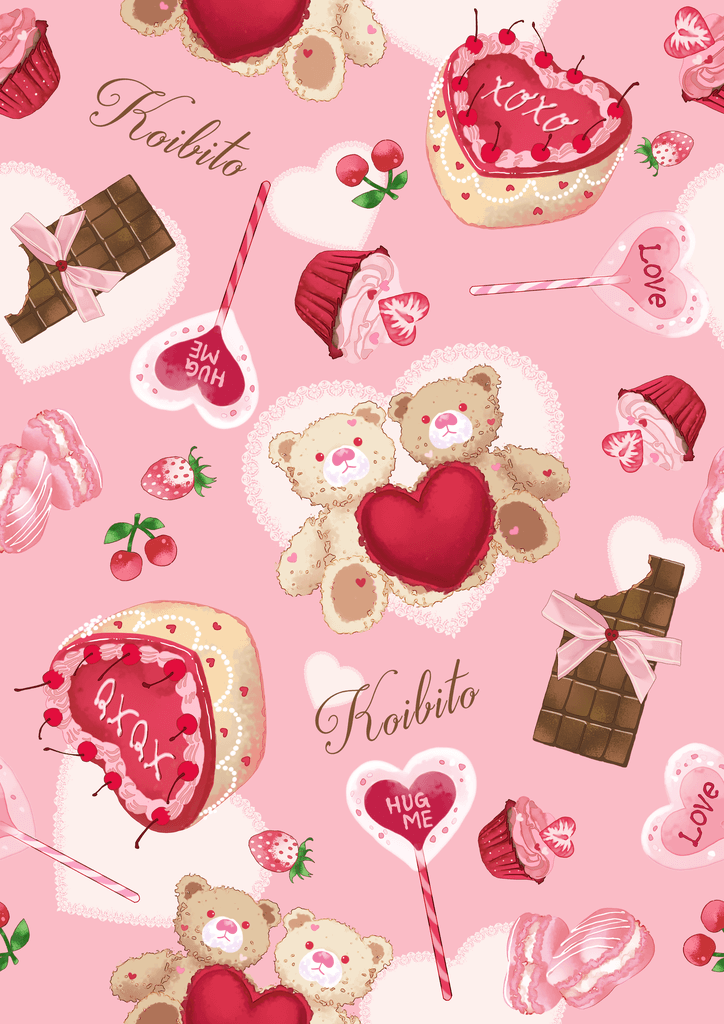 Colorful Valentine's Day pattern featuring teddy bears, hearts, cupcakes, and chocolates on a pink background.