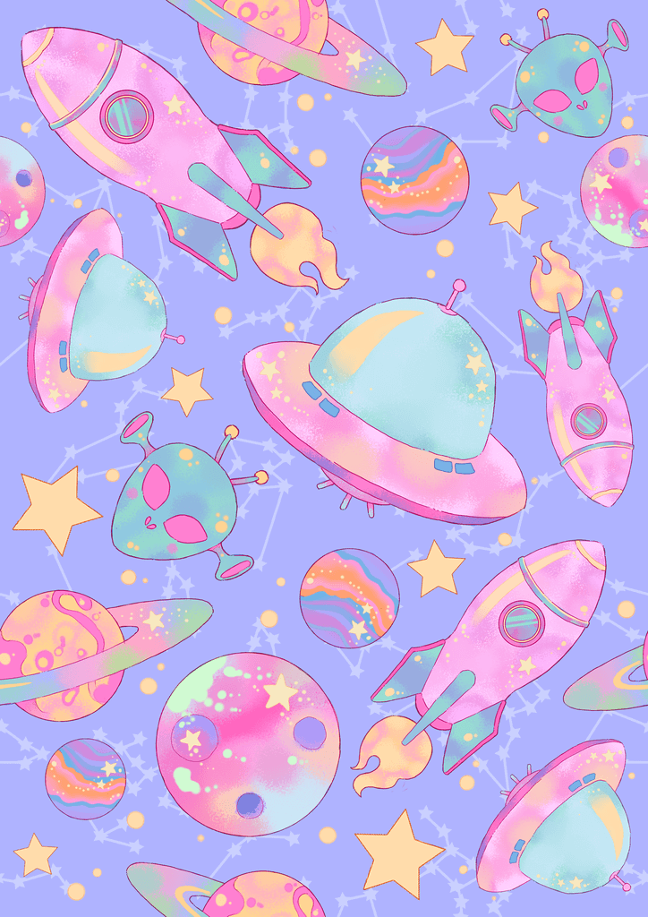 Whimsical pastel space pattern featuring rockets, UFOs, planets, and stars on a lavender background.