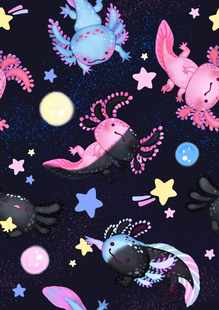 Colorful and whimsical axolotl patterns among stars and planets on a dark background, perfect for playful decor.